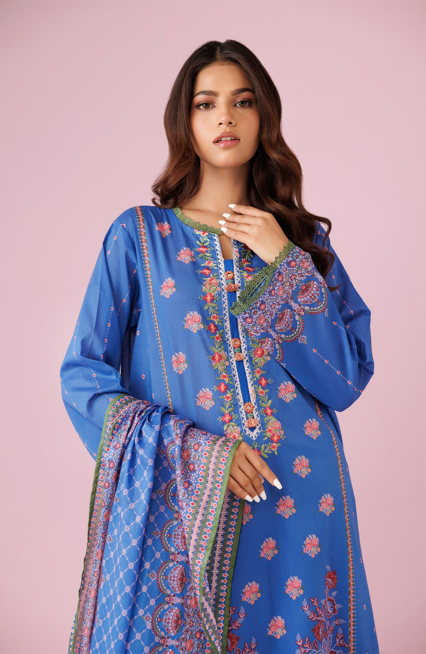 Unstitched 3 Piece Embroidered Lawn Shirt , Cambric Pant and Kitonic Chiffon Dupatta (OTL-24-407/U BLUE)