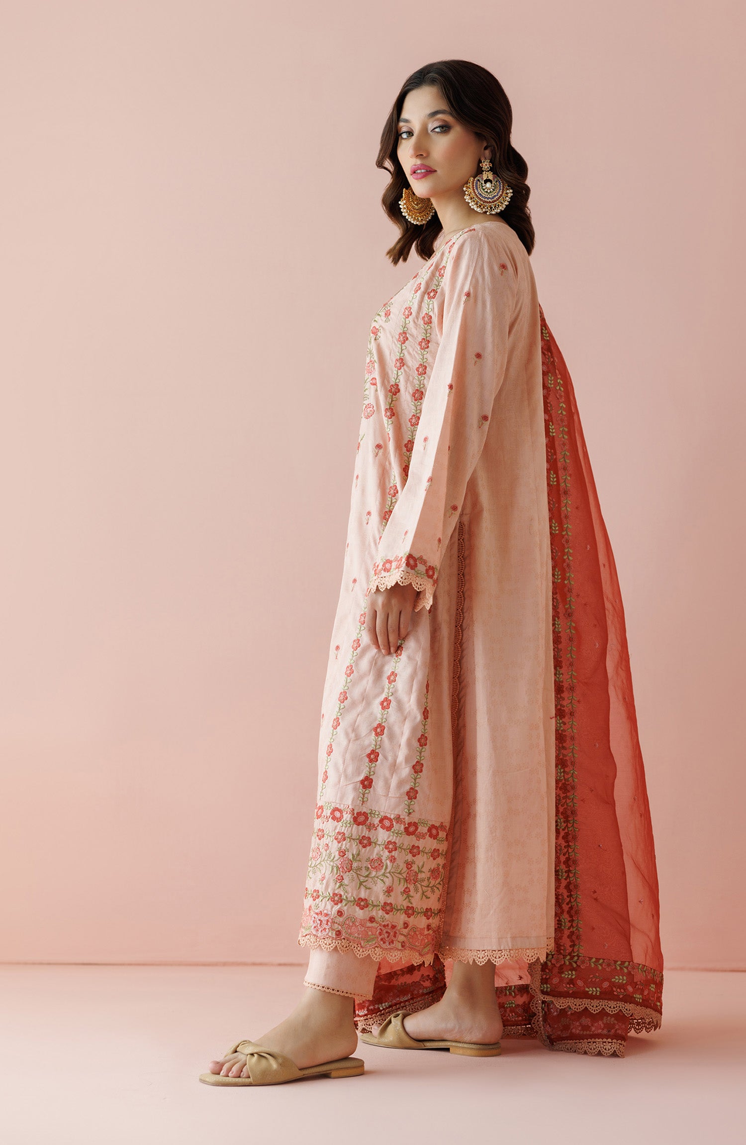 Unstitched 3 Piece Embroidered Jacquard Shirt , Jacquard Pant and Organza Dupatta (OTL-24-004/U PEACH)