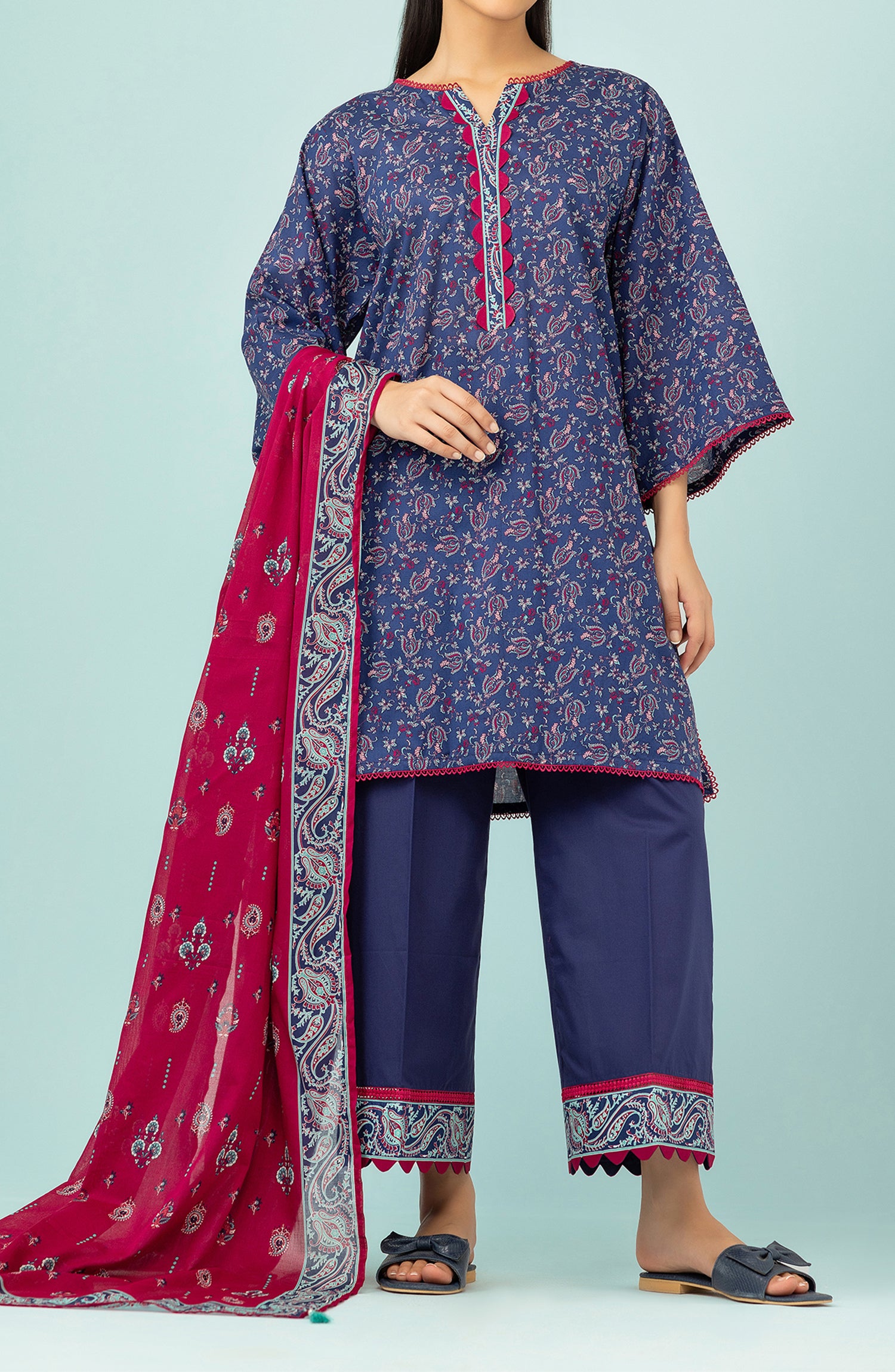 Unstitched 3 Piece Printed Lawn Shirt , Cambric Pant and Lawn Dupatta (OTL-24-156/U BLUE)