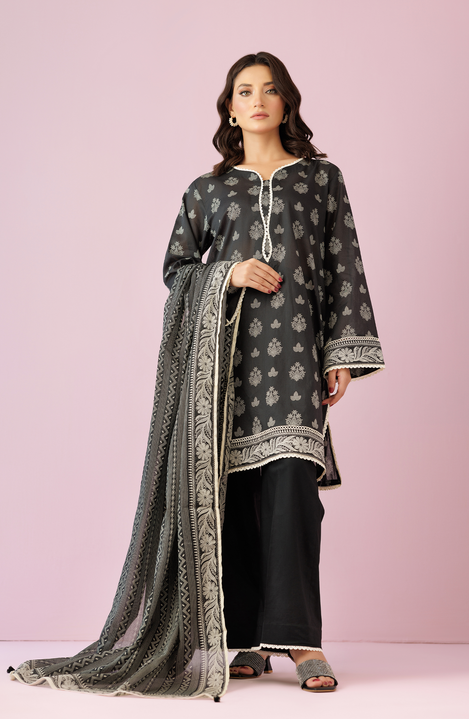 Unstitched 3 Piece Printed Lawn Shirt , Cambric Pant and Lawn Dupatta (OTL-24-206/U BLACK)