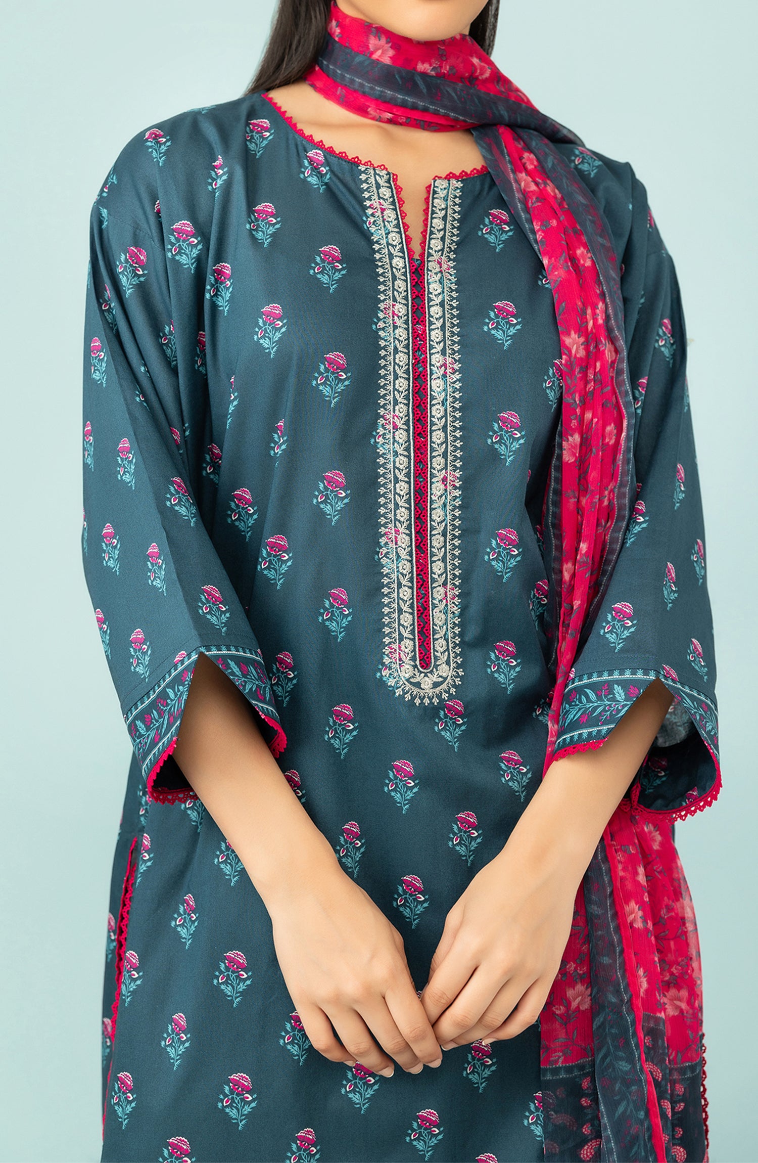 Unstitched 3 Piece Embroidered Lawn Shirt , Cambric Pant and Lawn Dupatta (OTL-24-108/U TEAL)