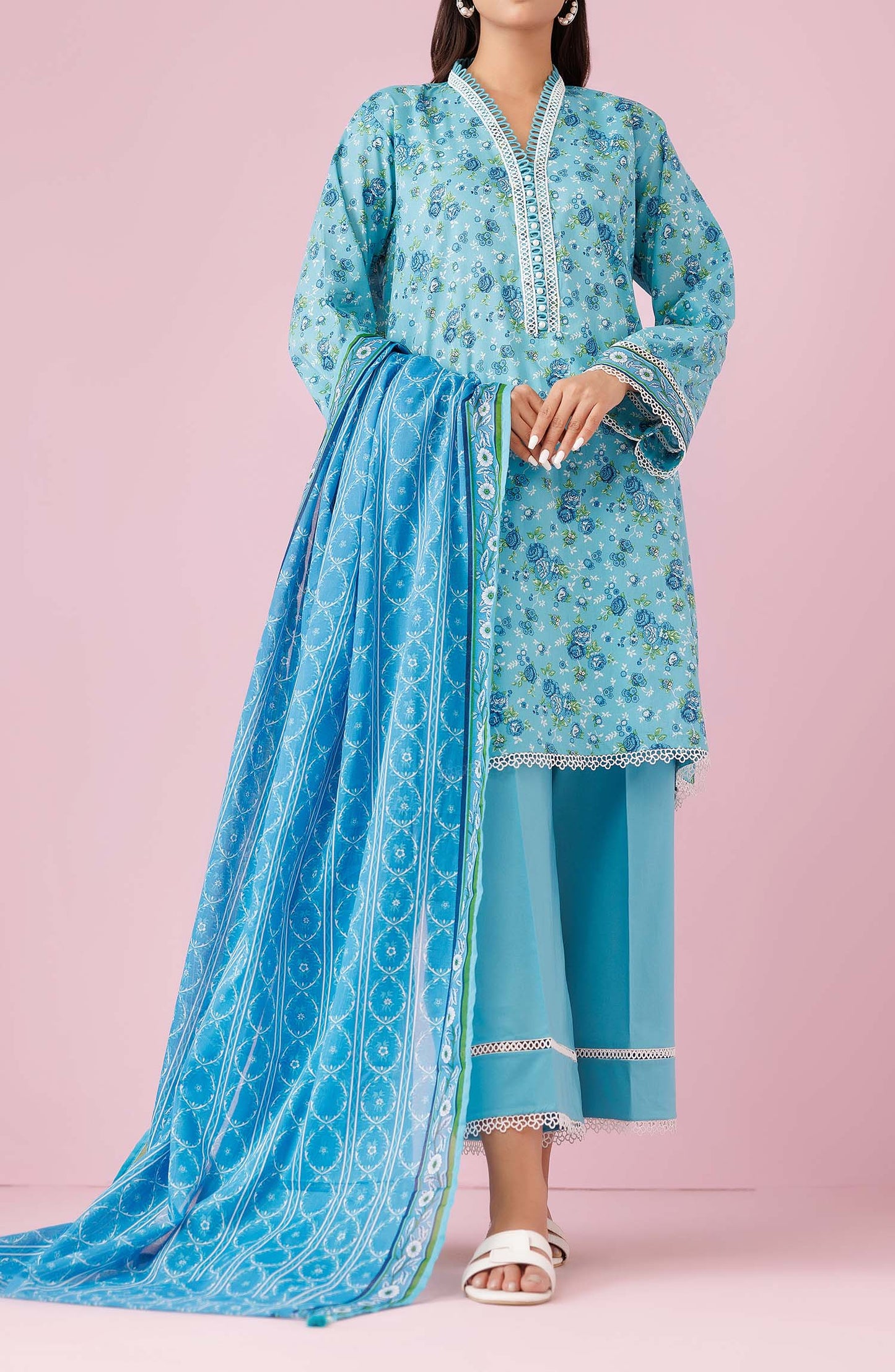 Unstitched 3 Piece Printed Lawn Shirt , Cambric Pant and Lawn Dupatta (OTL-24-233/U SKY BLUE)