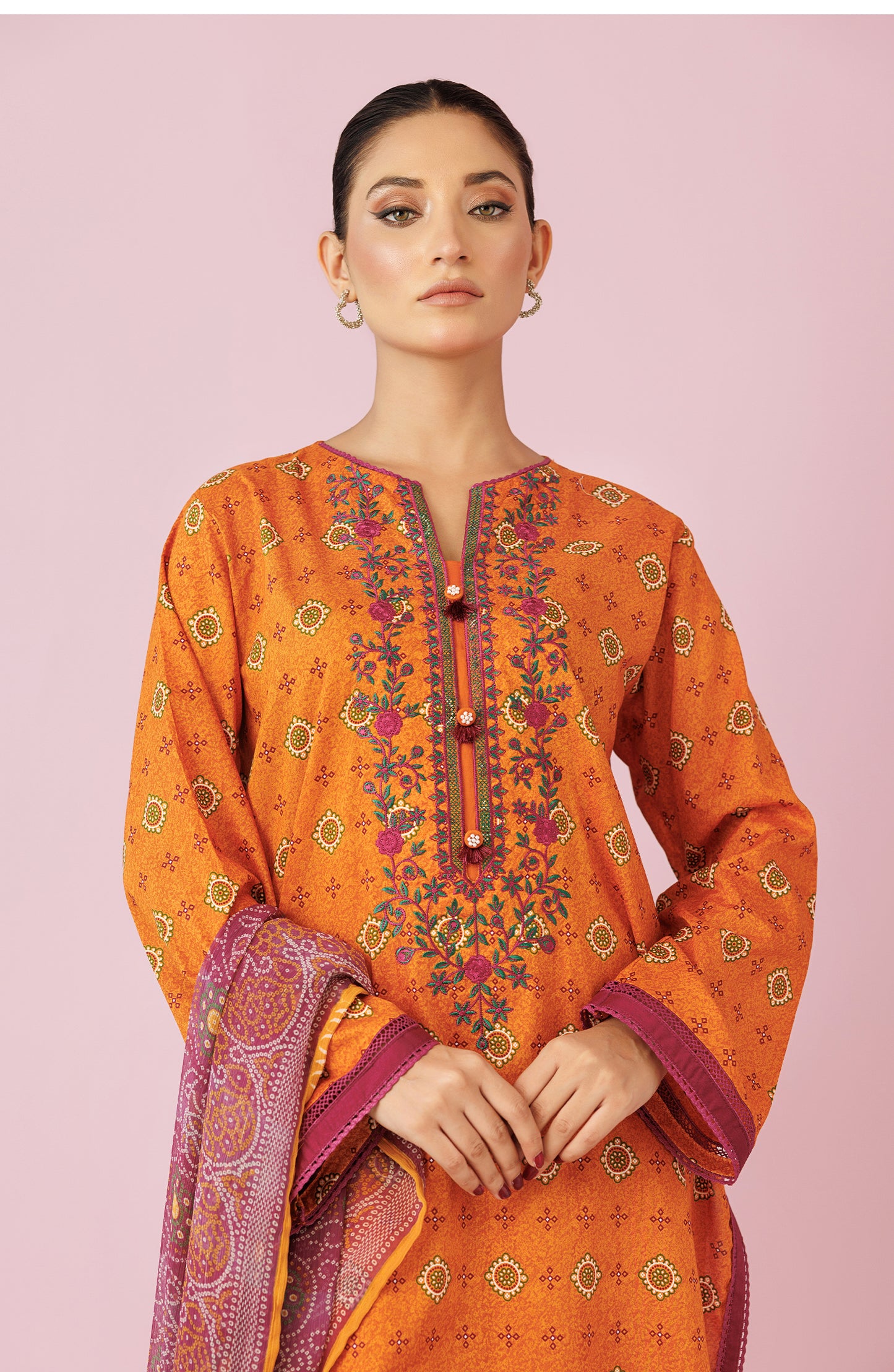 Unstitched 3 Piece Embroidered Lawn Shirt , Cambric Pant and Chiffon Dupatta (OTL-24-458/U OCHRE)