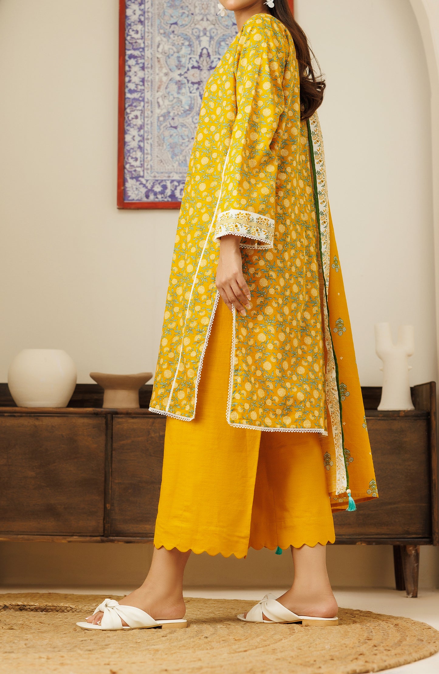 Stitched 3 Piece Printed Khaddar Shirt , Khaddar Pant and Khaddar Dupatta (OTL-24-141/S OCHRE)