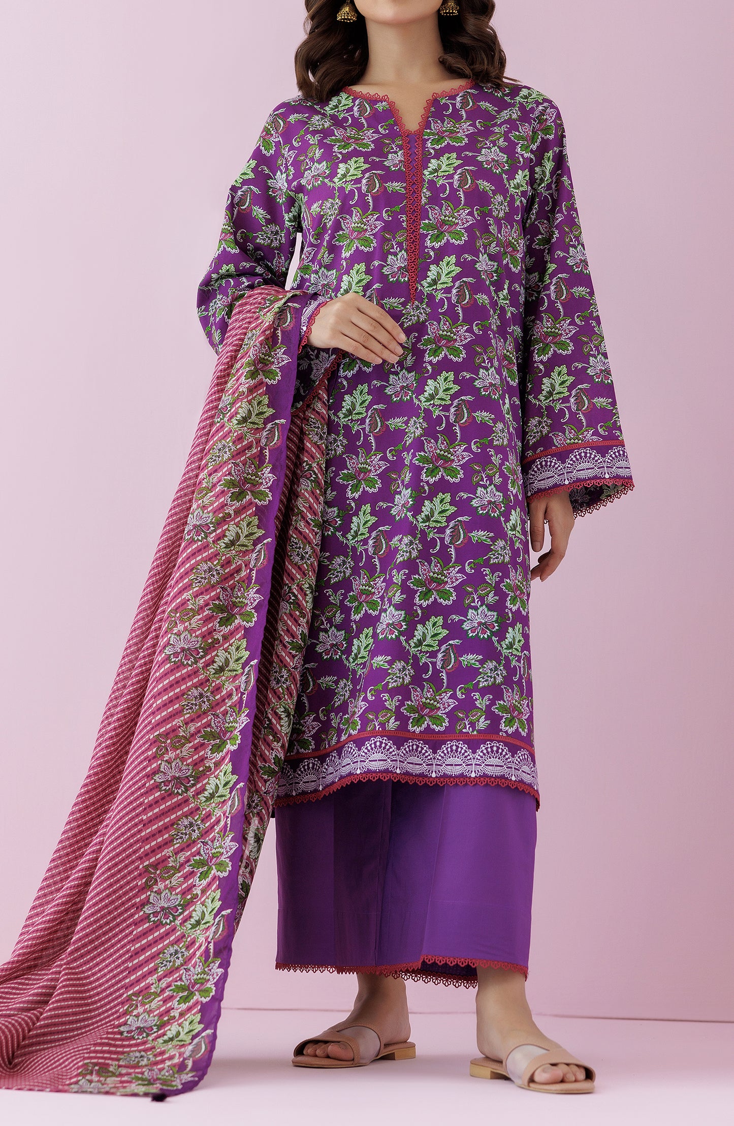 Unstitched 3 Piece Printed Lawn Shirt , Cambric Pant and Lawn Dupatta (OTL-24-133/U PURPLE)