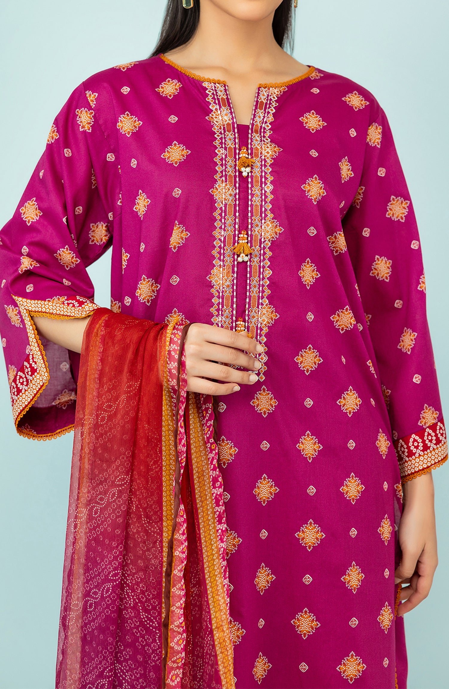 Unstitched 3 Piece Embroidered Lawn Shirt , Cambric Pant and Kitonic Chiffon Dupatta (OTL-24-110/U MAGENTA)