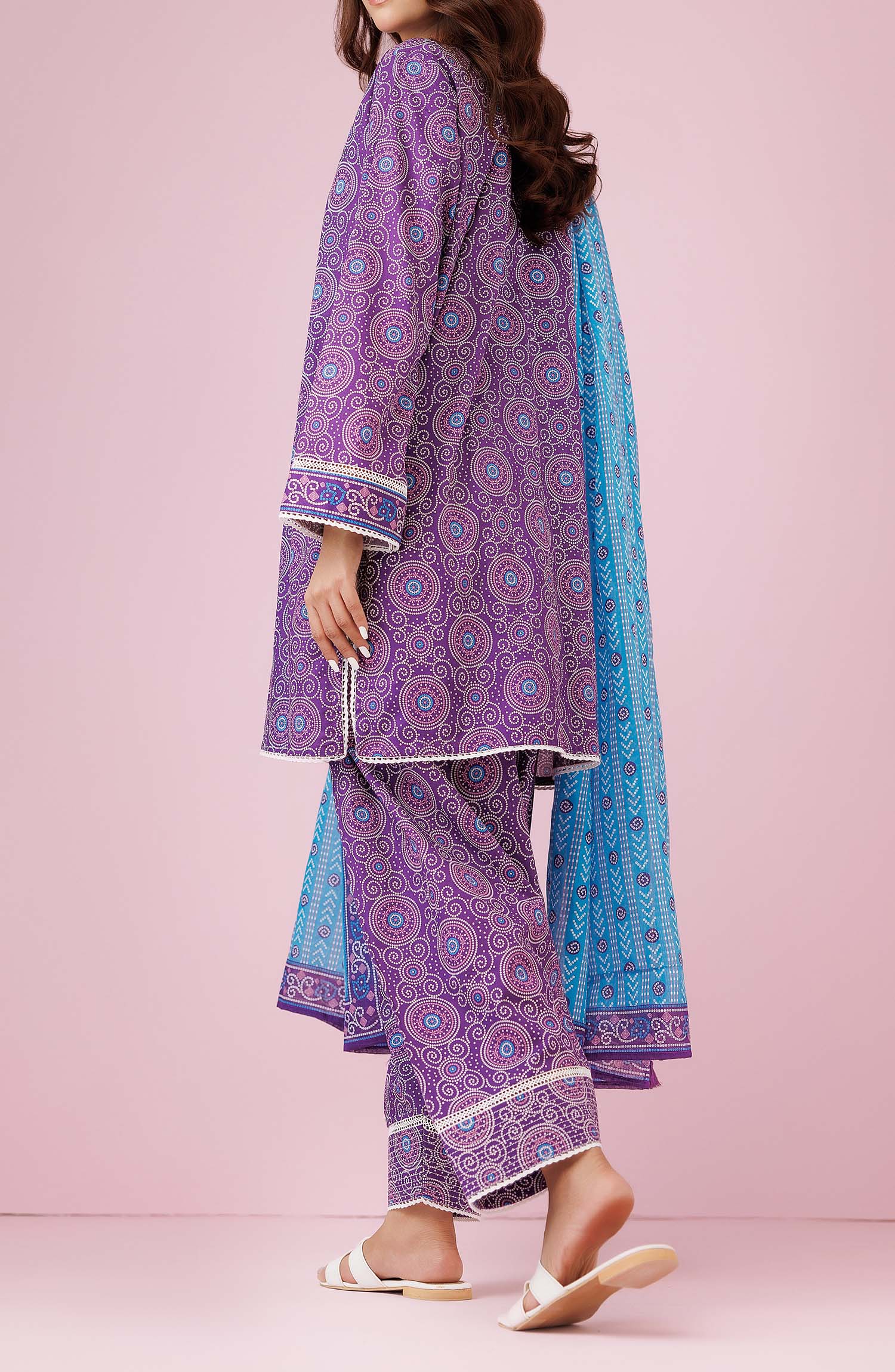 Unstitched 3 Piece Printed Lawn Shirt , Cambric Pant and Lawn Dupatta (OTL-24-376/U PURPLE)