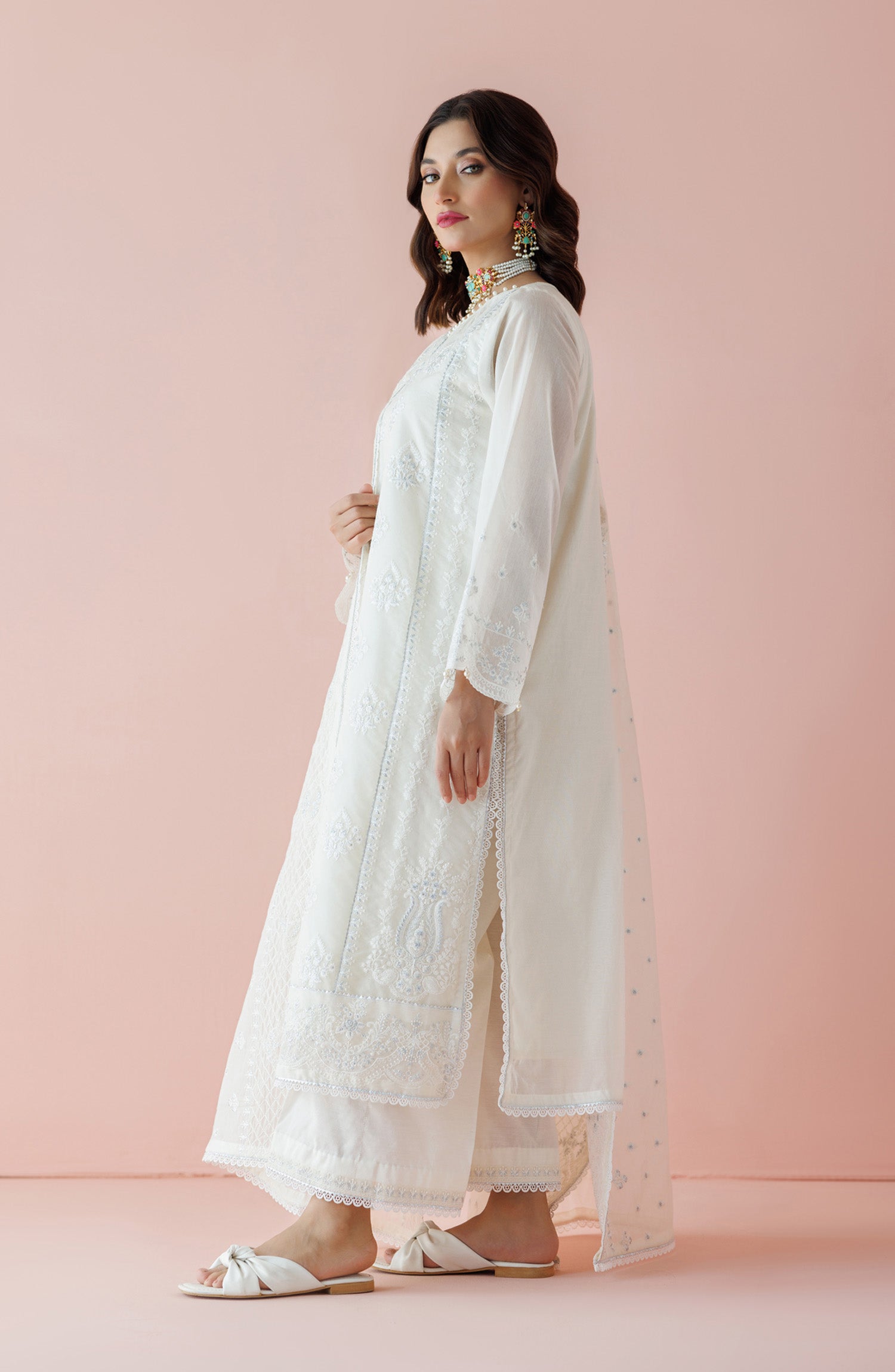 WRFC24S-3001/U WHITE KORA COTTON Women UNSTITCHED SHIRT DUPATTA PANTS