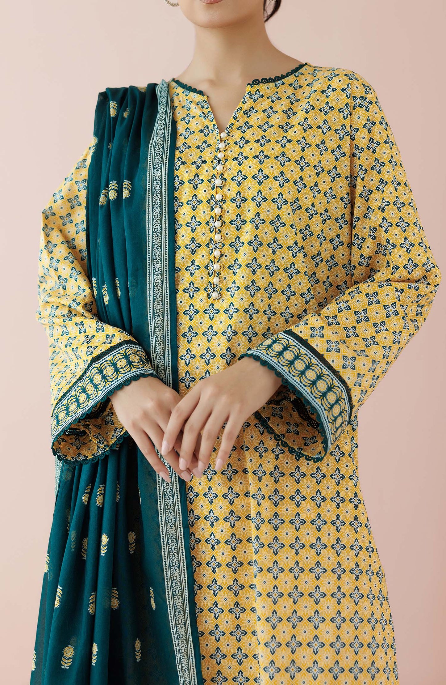 Unstitched 3 Piece Printed Lawn Shirt , Cambric Pant and Lawn Dupatta (OTL-24-089/U OCHER)