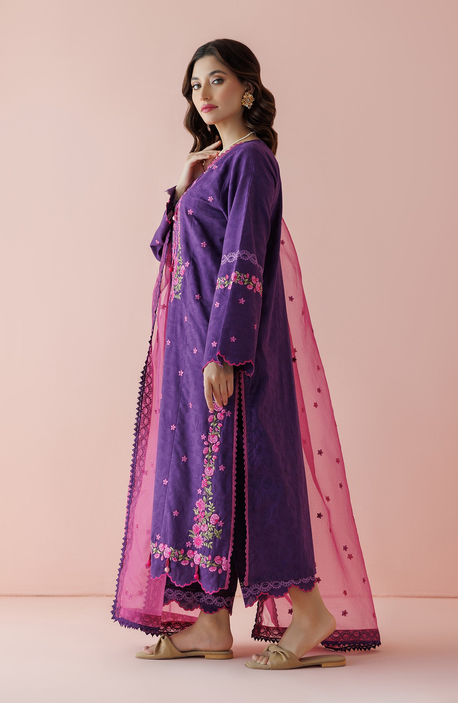 Unstitched 3 Piece Embroidered Jacquard Shirt , Jacquard Pant and Organza Dupatta (OTL-24-003/U PURPLE)