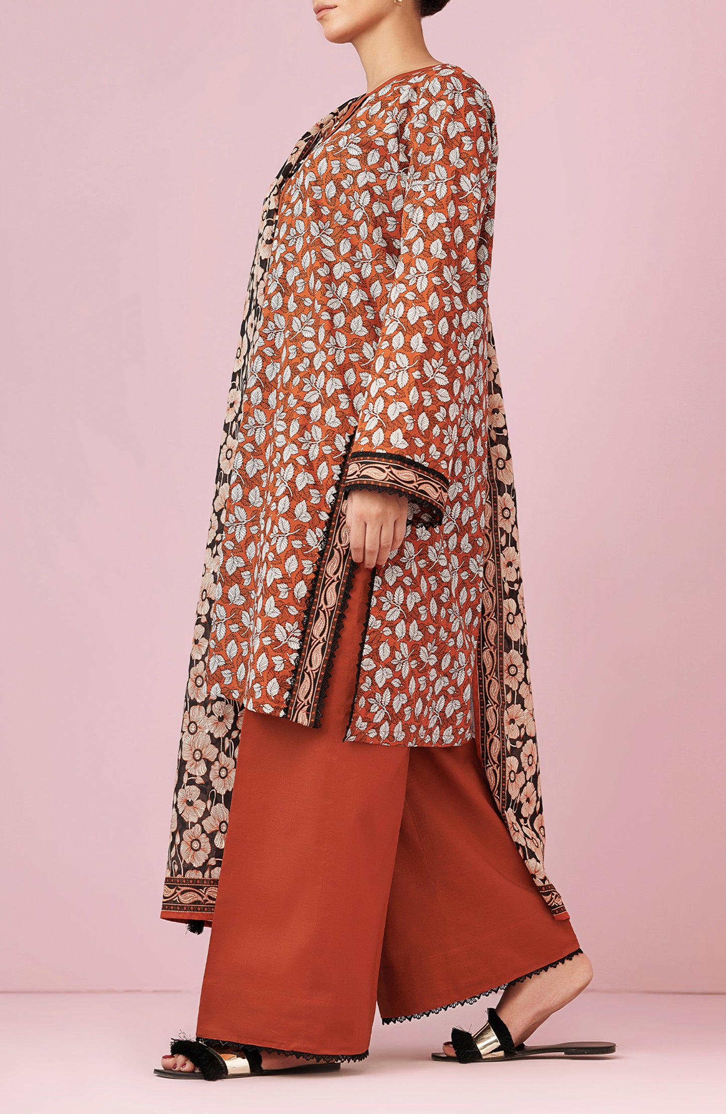 Unstitched 3 Piece Printed Lawn Shirt , Cambric Pant and Lawn Dupatta (OTL-24-370/U BROWN)