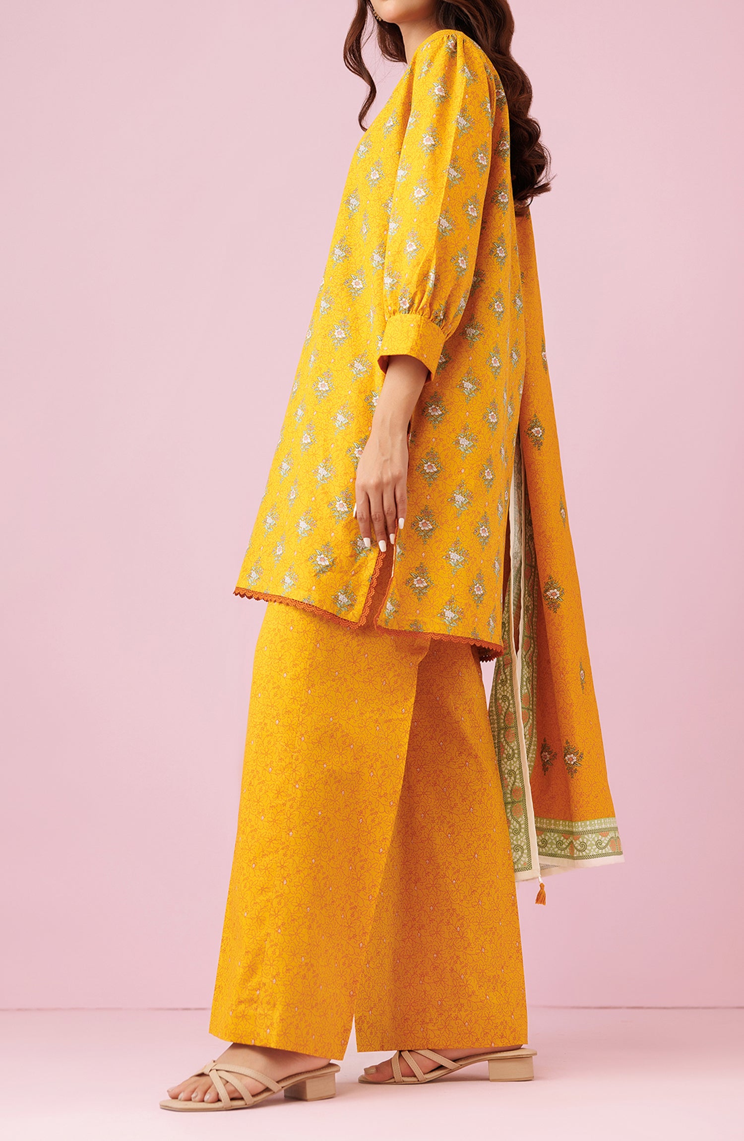 Unstitched 3 Piece Printed Khaddar Shirt , Khaddar Pant and Khaddar Dupatta (OTL-24-476/U OCHRE)