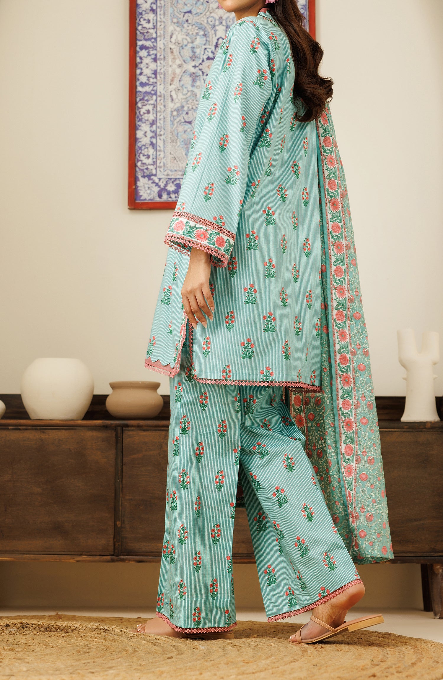 Unstitched 3 Piece Printed Cambric Shirt , Cambric Pant and Cambric Dupatta (OTL-24-242/U SKY BLUE)