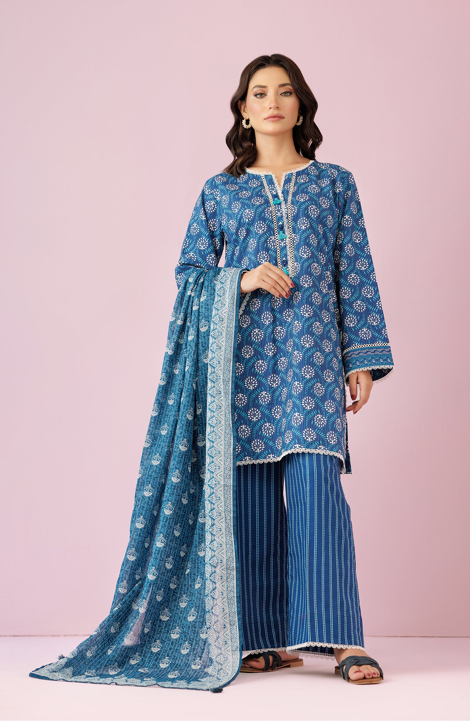 Unstitched 3 Piece Printed Lawn Shirt , Cambric Pant and Lawn Dupatta (OTL-24-374/U BLUE)