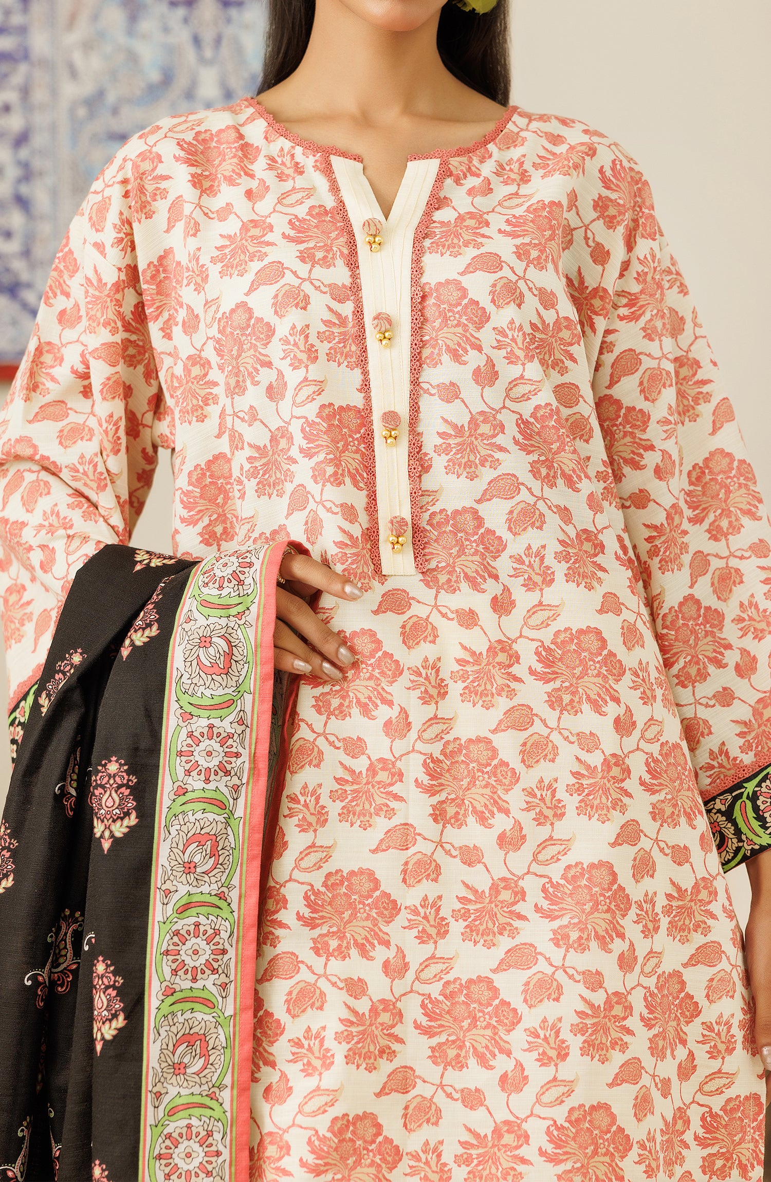 Stitched 3 Piece Printed Khaddar Shirt , Khaddar Pant and Khaddar Dupatta (OTL-24-425/S BEIGE)