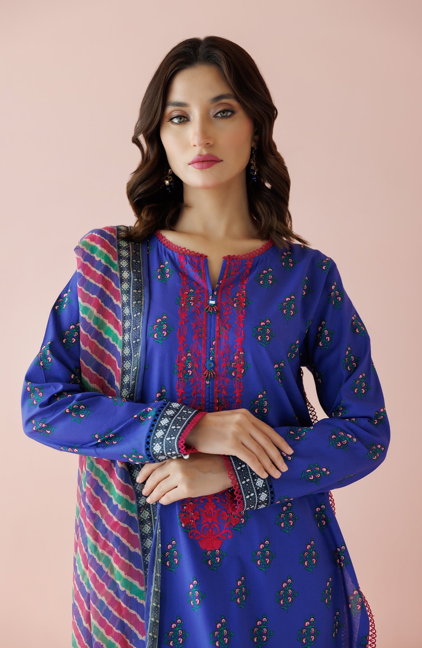 Unstitched 3 Piece Embroidered Lawn Shirt , Cambric Pant and Kitonic Chiffon Dupatta (OTL-24-041/U BLUE)