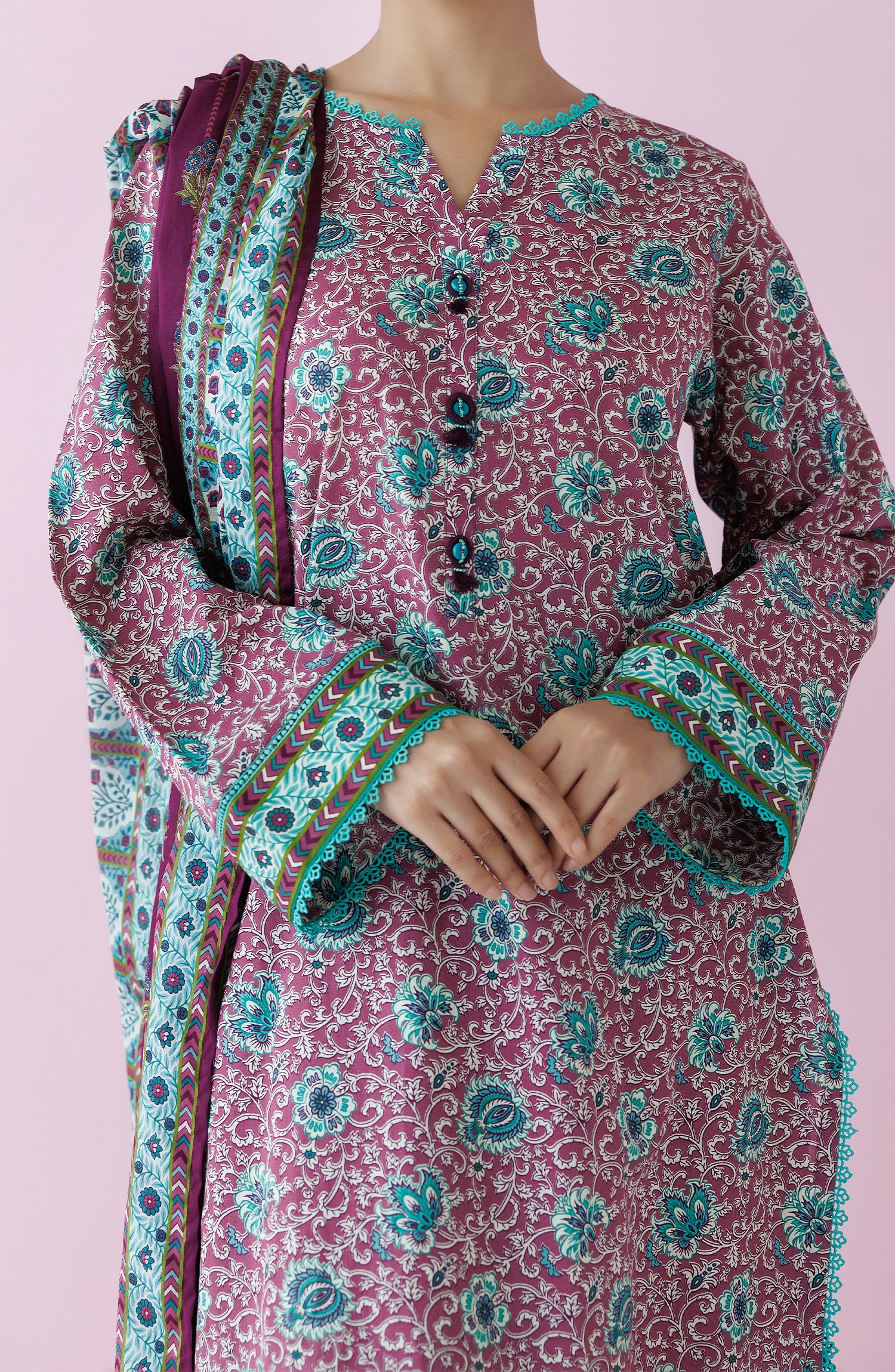 Unstitched 3 Piece Printed Lawn Shirt , Cambric Pant and Lawn Dupatta (OTL-24-363/U PINK)