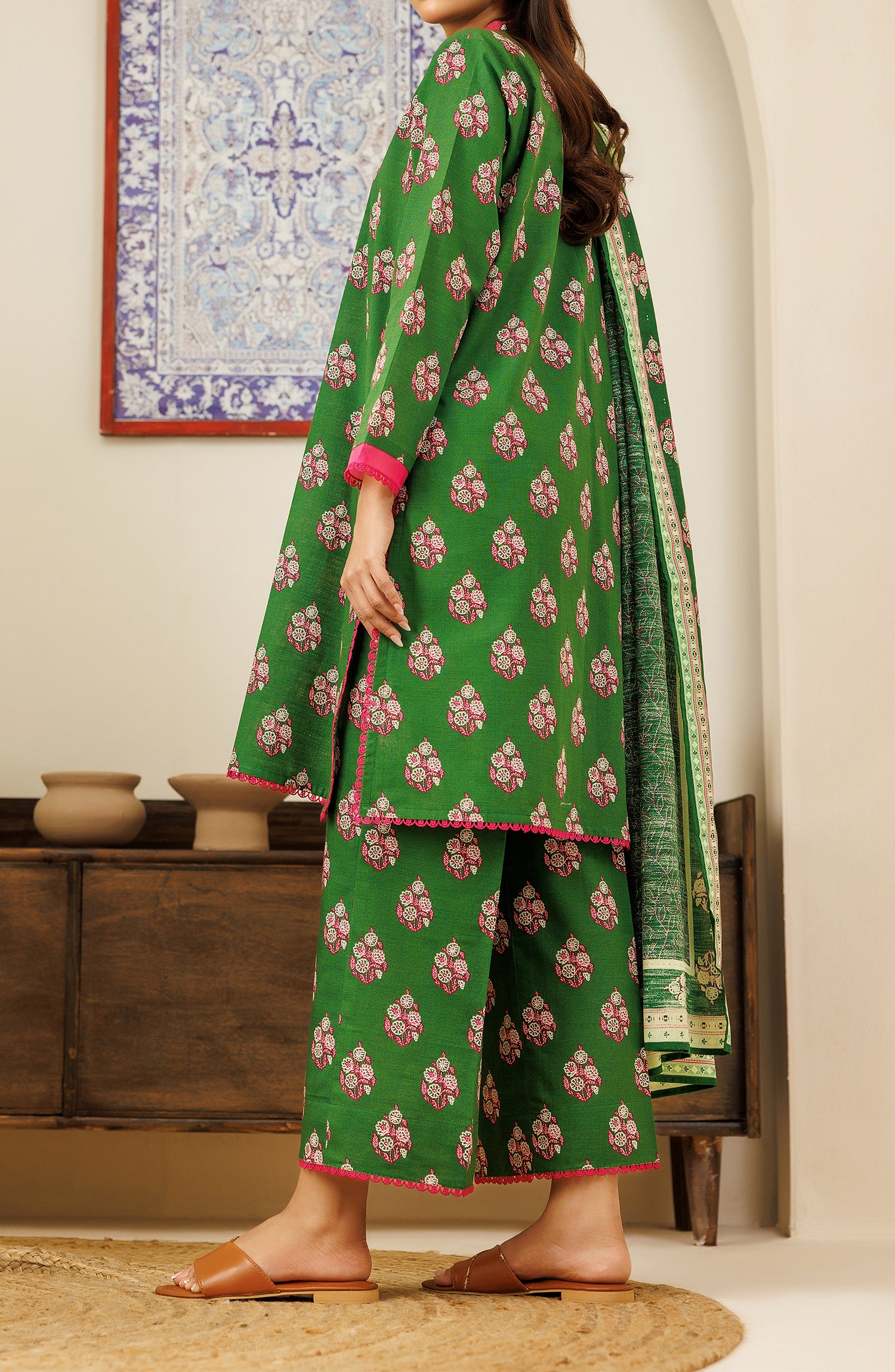 Unstitched 3 Piece Printed Khaddar Shirt , Khaddar Pant and Khaddar Dupatta (OTL-24-379/U GREEN)