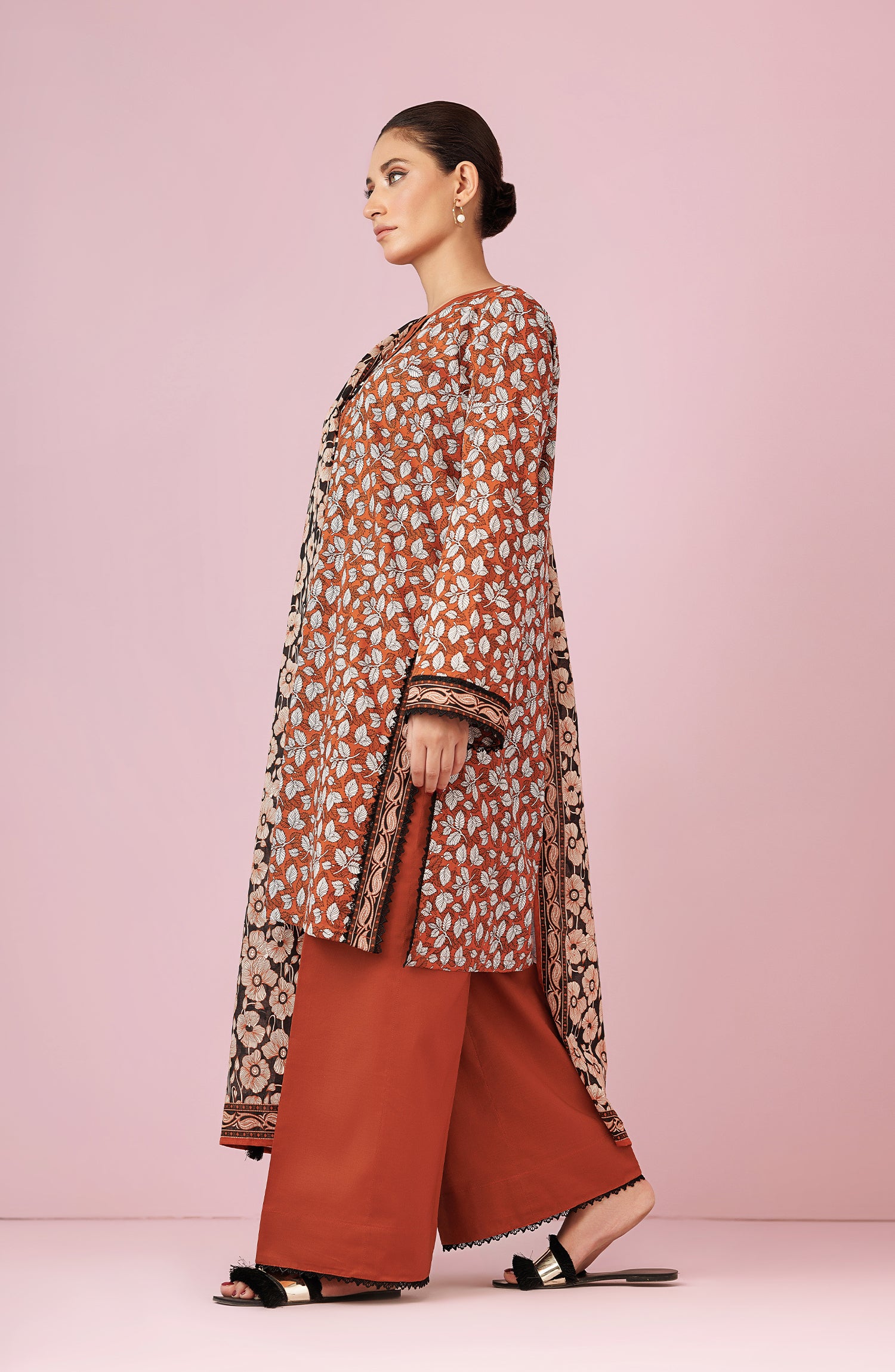 Unstitched 3 Piece Printed Lawn Shirt , Cambric Pant and Lawn Dupatta (OTL-24-370/U BROWN)