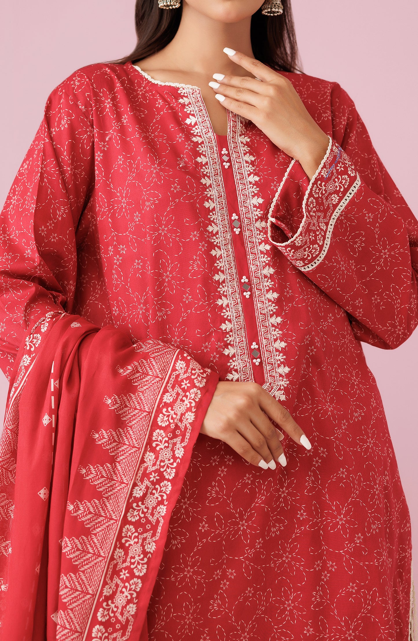 Unstitched 3 Piece Embroidered Lawn Shirt , Cambric Pant and Lawn Dupatta (OTL-24-123/U MAROON)