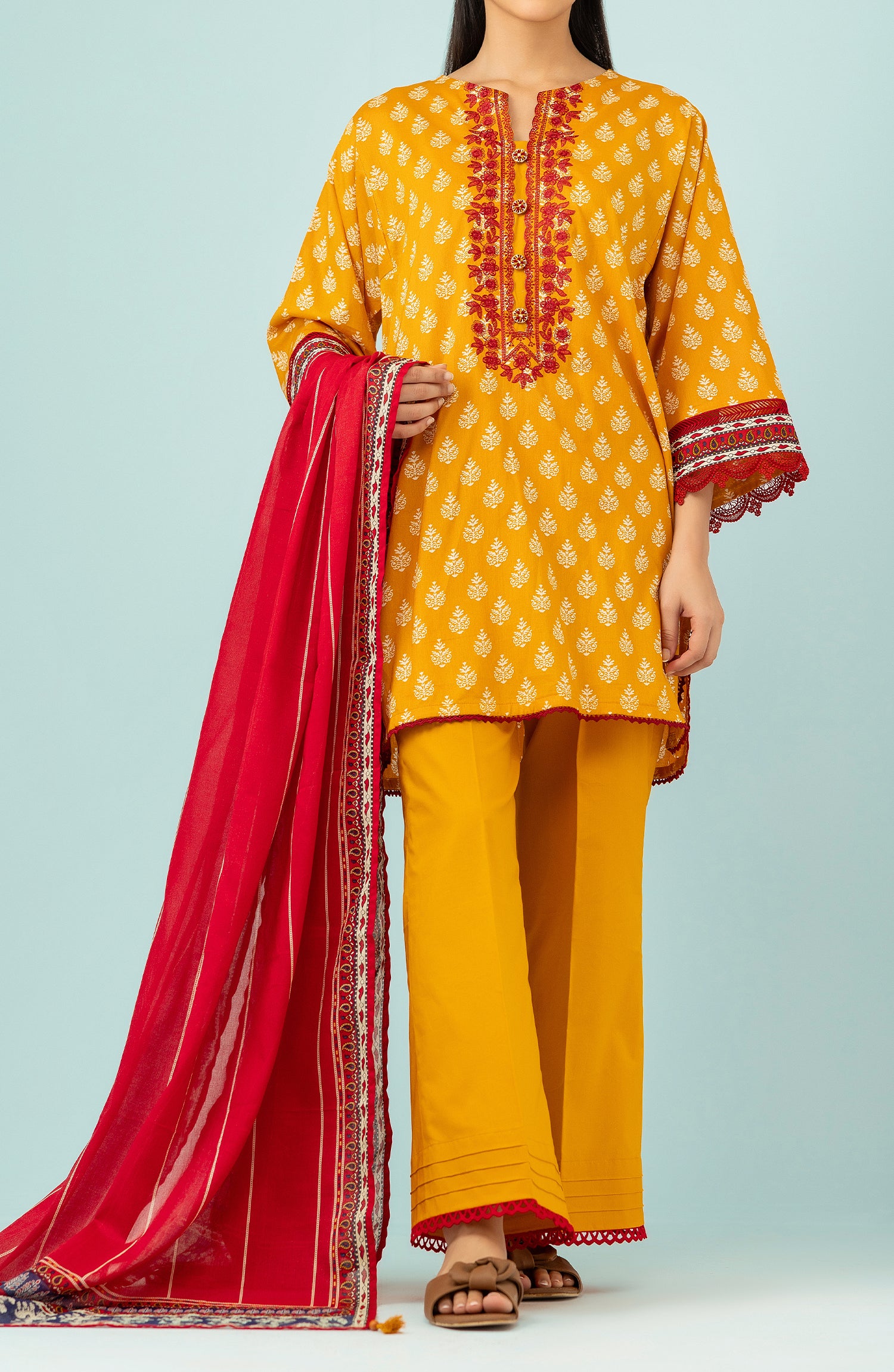 Unstitched 3 Piece Embroidered Lawn Shirt , Cambric Pant and Lawn Dupatta (OTL-24-126/U OCHRE)