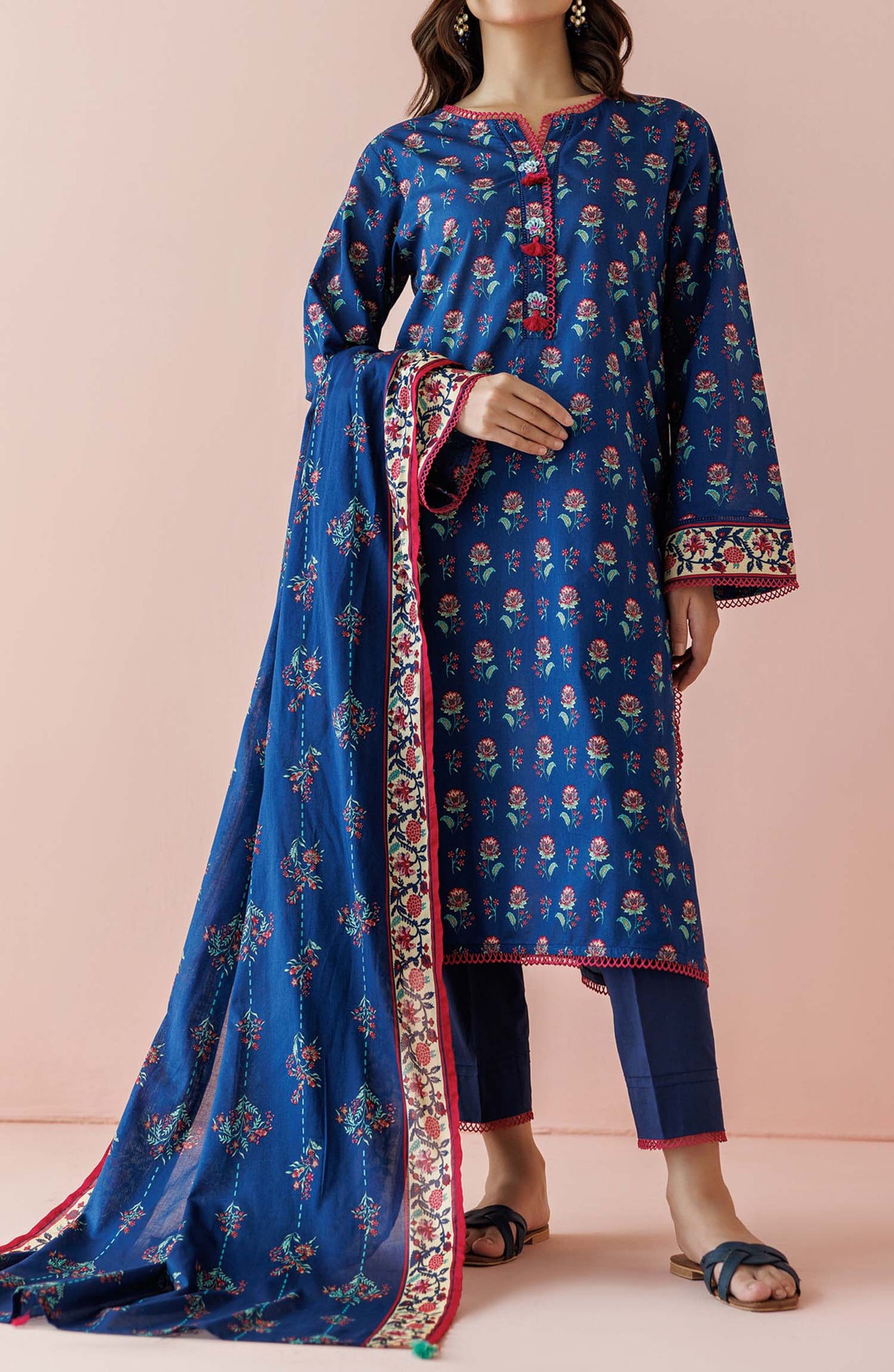 Unstitched 3 Piece Printed Lawn Shirt , Cambric Pant and Lawn Dupatta (OTL-24-154/U BLUE)