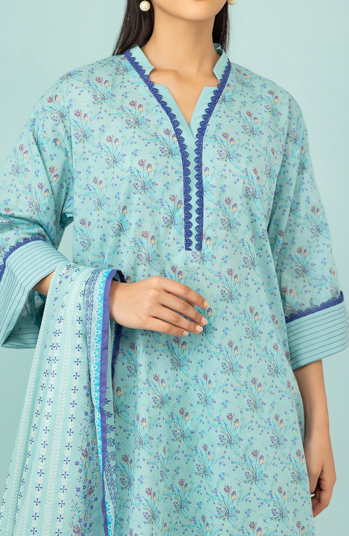 Unstitched 3 Piece Printed Lawn Shirt , Cambric Pant and Lawn Dupatta (OTL-24-177/U ICE BLUE)