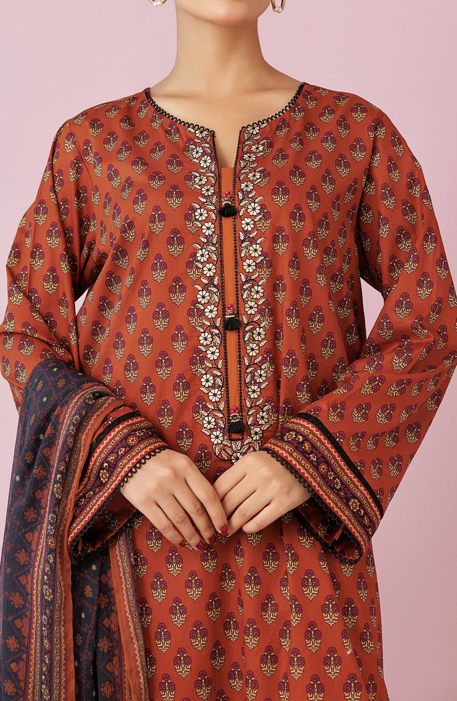 Unstitched 3 Piece Embroidered Lawn Shirt , Cambric Pant and Chiffon Dupatta (OTL-24-460/U OCHRE)