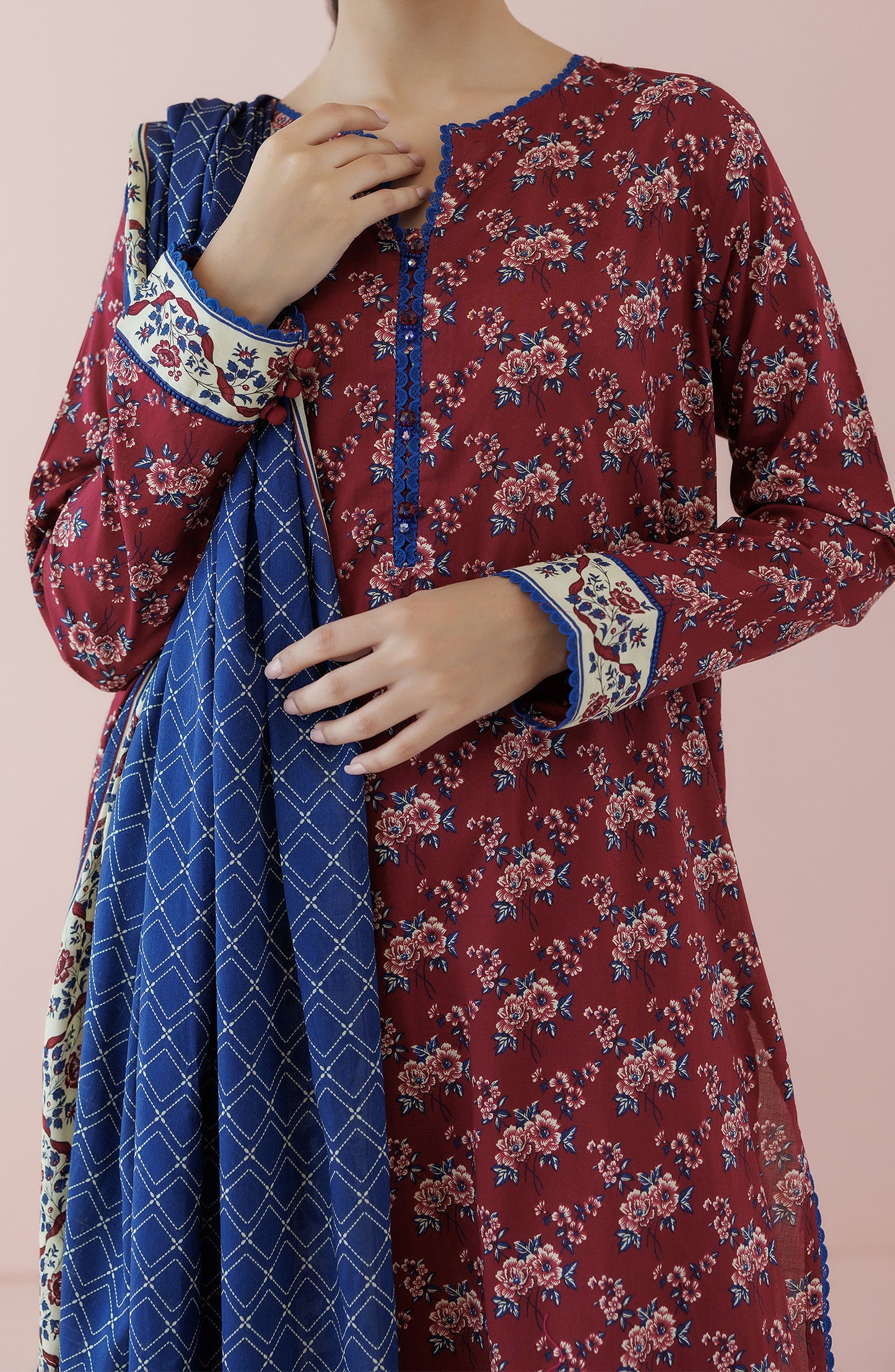 Stitched 3 Piece Printed Lawn Shirt , Cambric Pant and Lawn Dupatta (OTL-24-237/S MAROON)