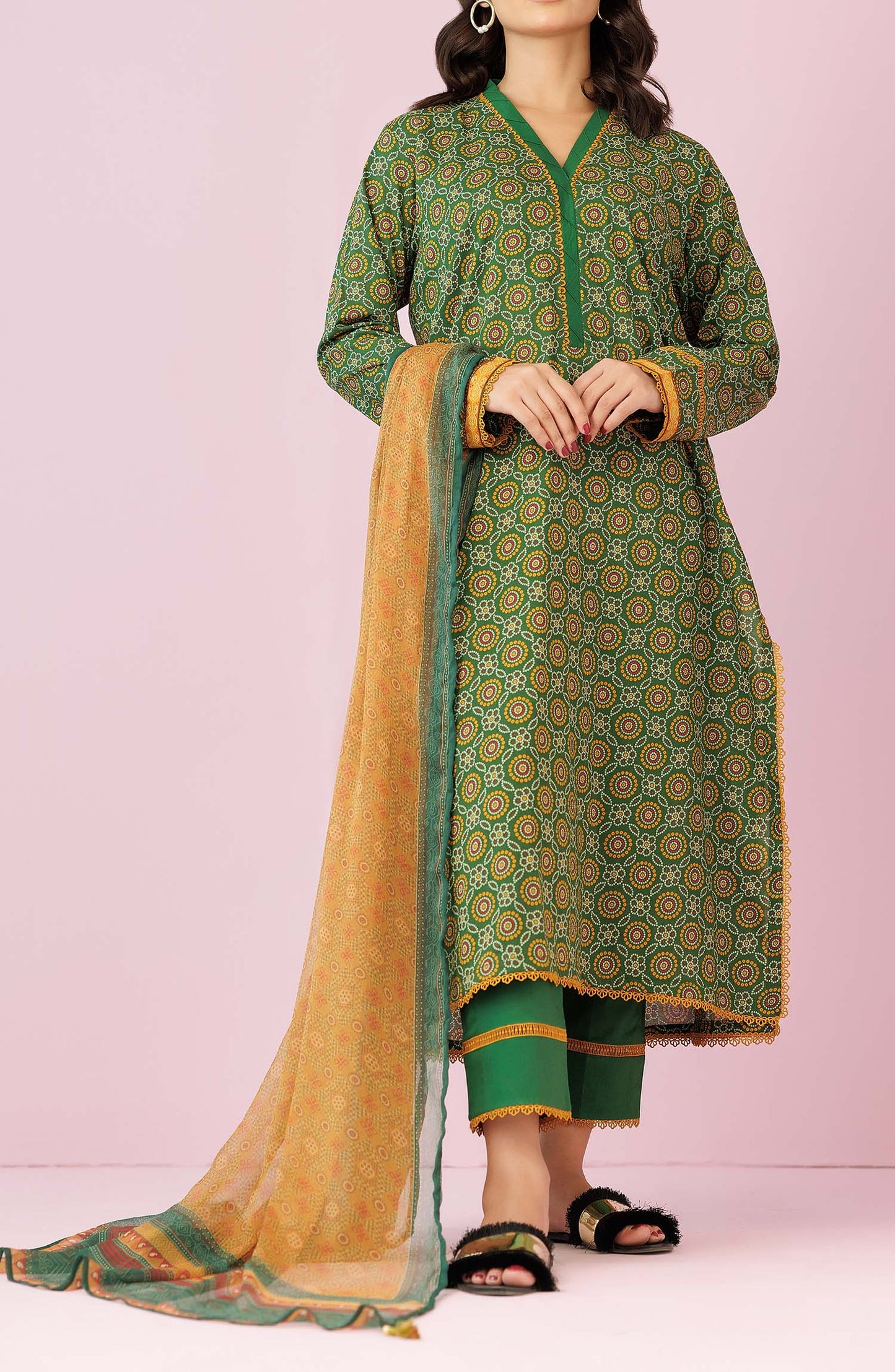 Unstitched 3 Piece Printed Lawn Shirt , Cambric Pant and Kitonic Chiffon Dupatta (OTL-24-114/U GREEN)