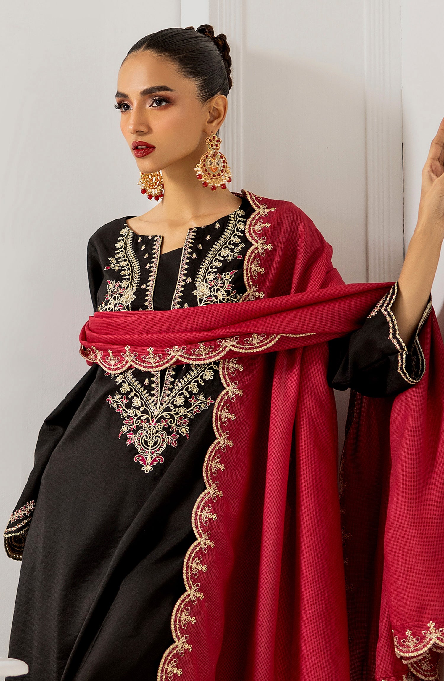 Stitched 3 Piece Embroidered Cotton Silk Shirt , Cotton Silk Pant and Slub Khaddar Dupatta (OTLF-23-057/S BLACK)