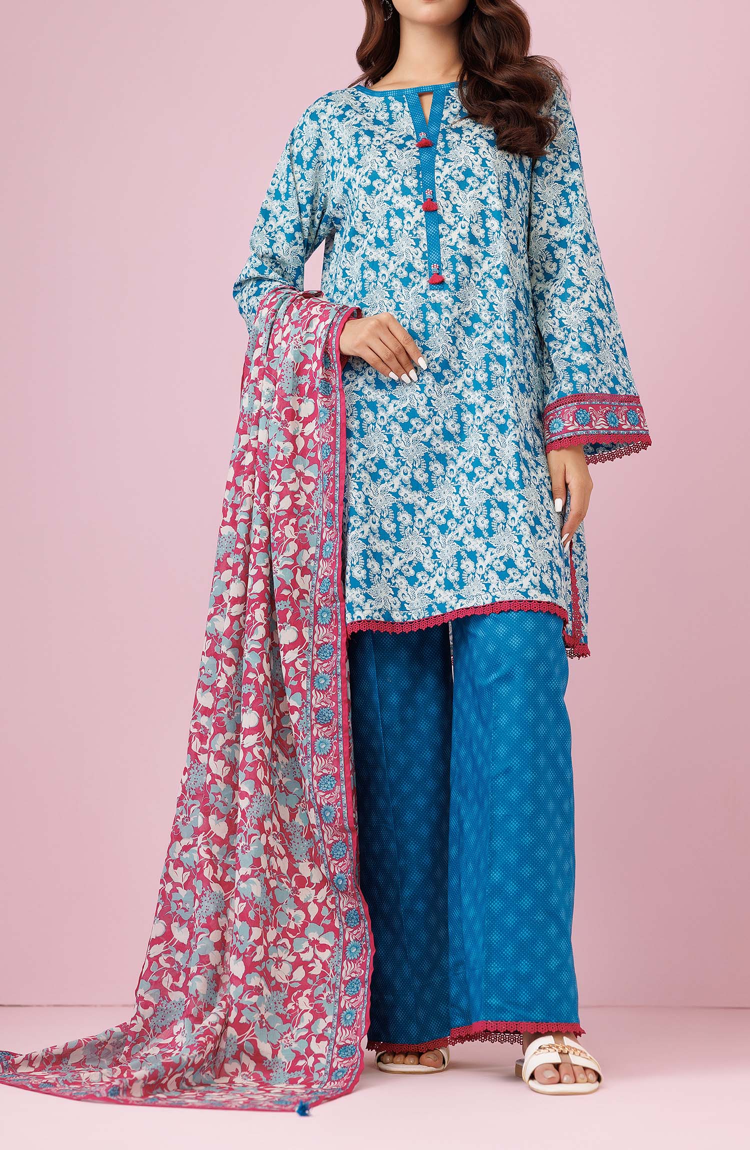 Unstitched 3 Piece Printed Lawn Shirt , Cambric Pant and Lawn Dupatta (OTL-24-217/U BLUE)