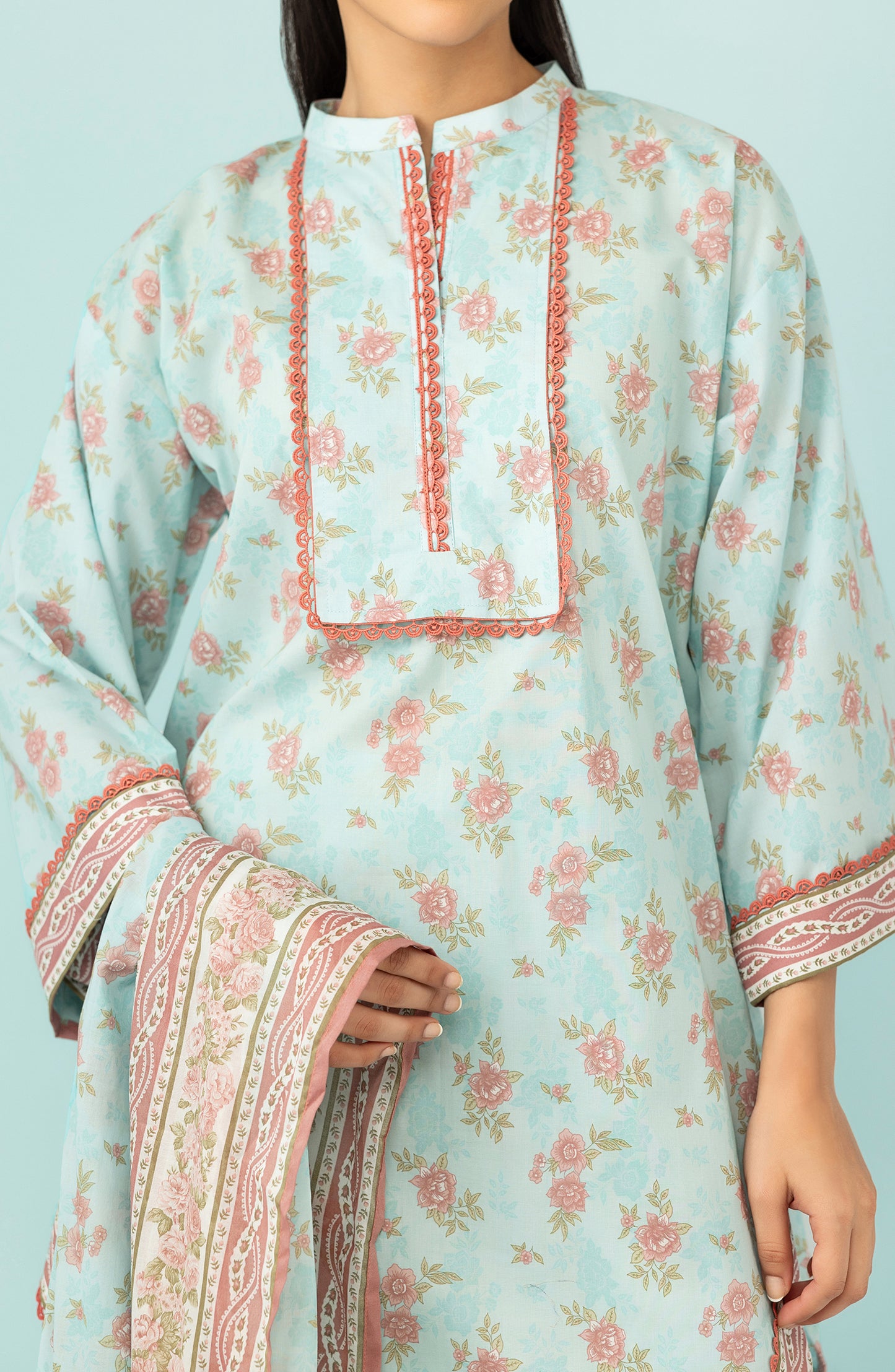 Unstitched 3 Piece Printed Lawn Shirt , Cambric Pant and Lawn Dupatta (OTL-24-427/U SKY BLUE)