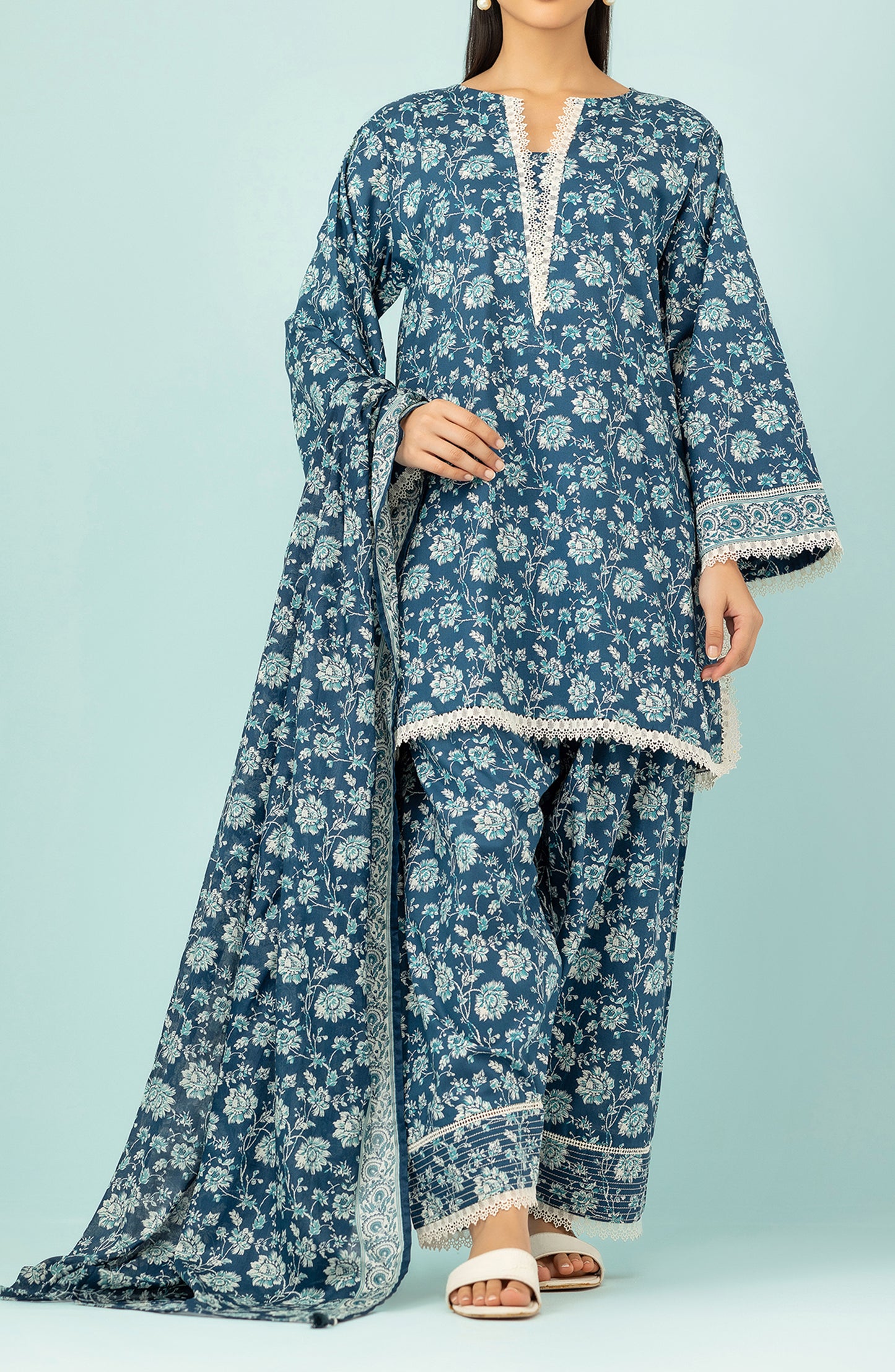 Unstitched 3 Piece Printed Lawn Shirt , Cambric Pant and Lawn Dupatta (OTL-24-422/U BLUE)