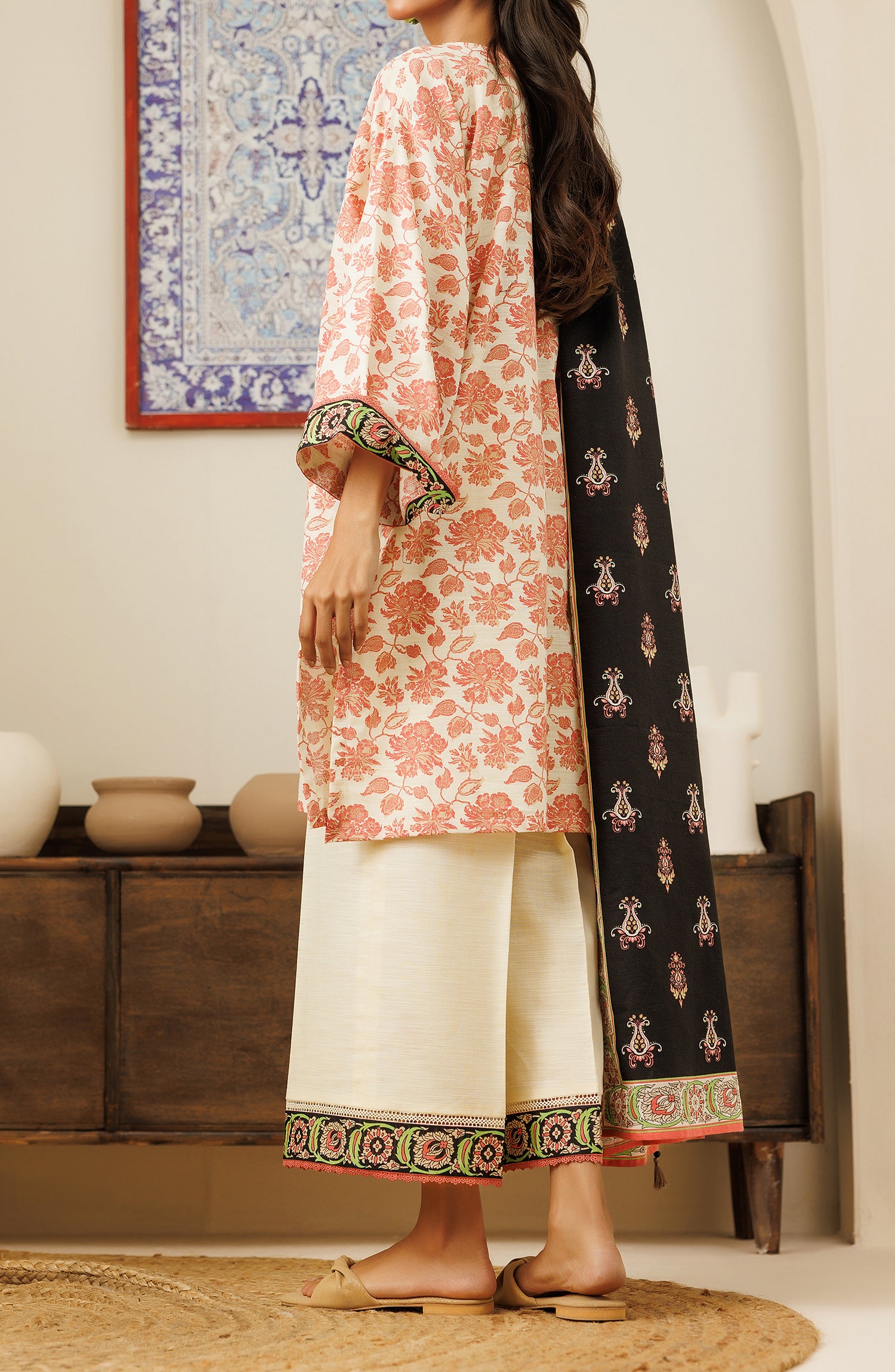 Stitched 3 Piece Printed Khaddar Shirt , Khaddar Pant and Khaddar Dupatta (OTL-24-425/S BEIGE)