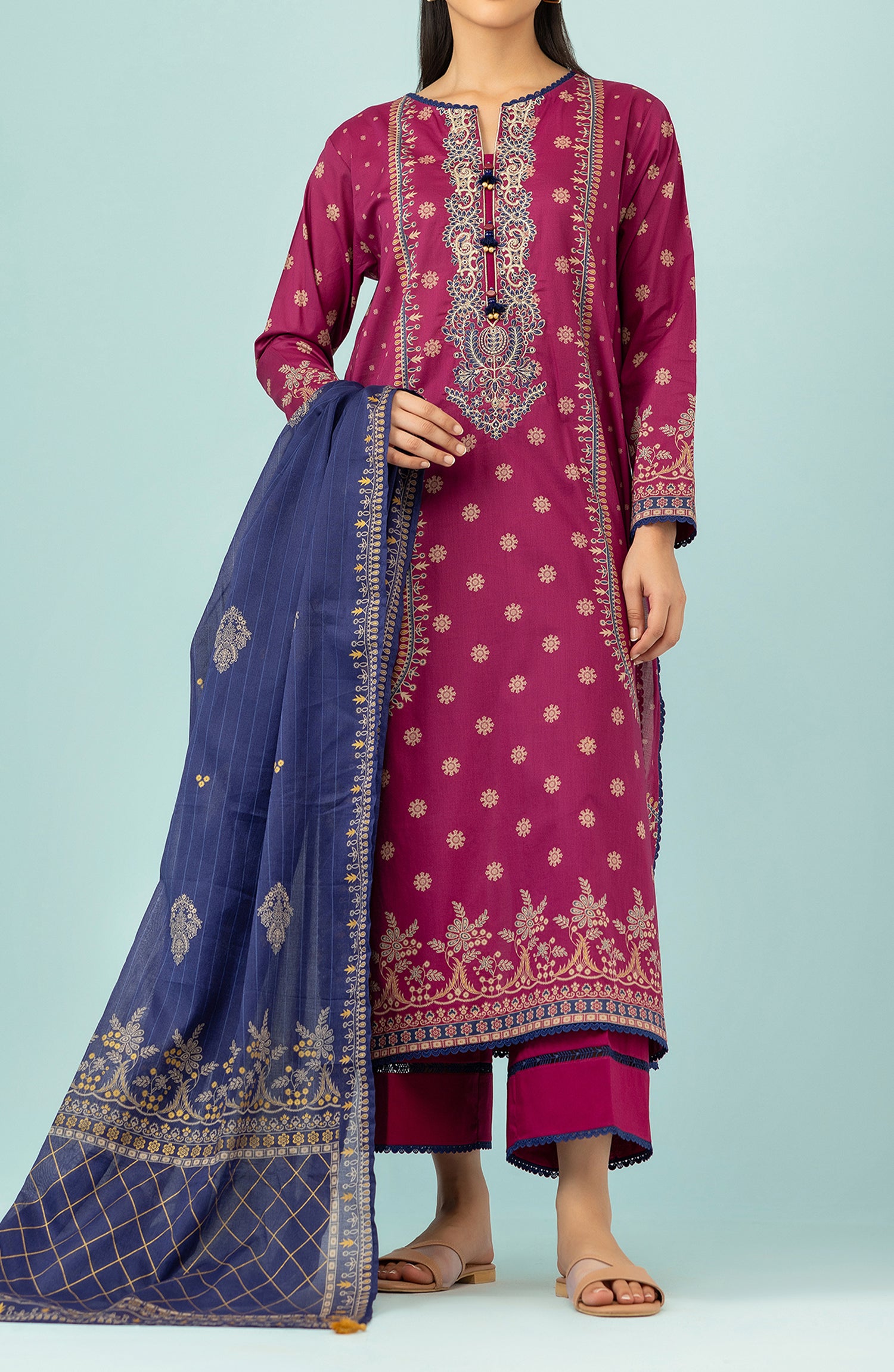 Unstitched 3 Piece Embroidered Lawn Shirt , Cambric Pant and Lawn Dupatta (OTL-24-410/U MAGENTA)