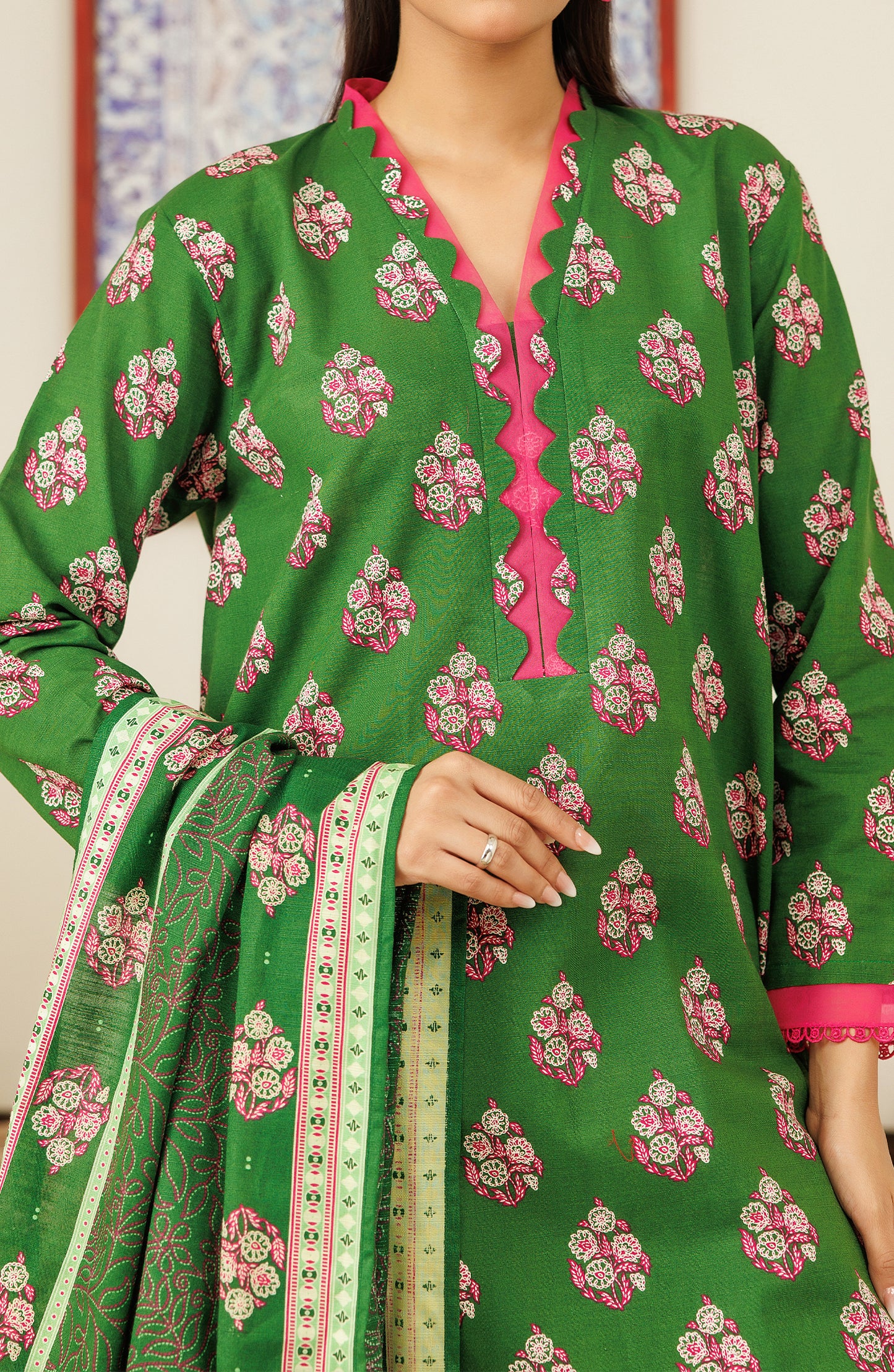 Unstitched 3 Piece Printed Khaddar Shirt , Khaddar Pant and Khaddar Dupatta (OTL-24-379/U GREEN)