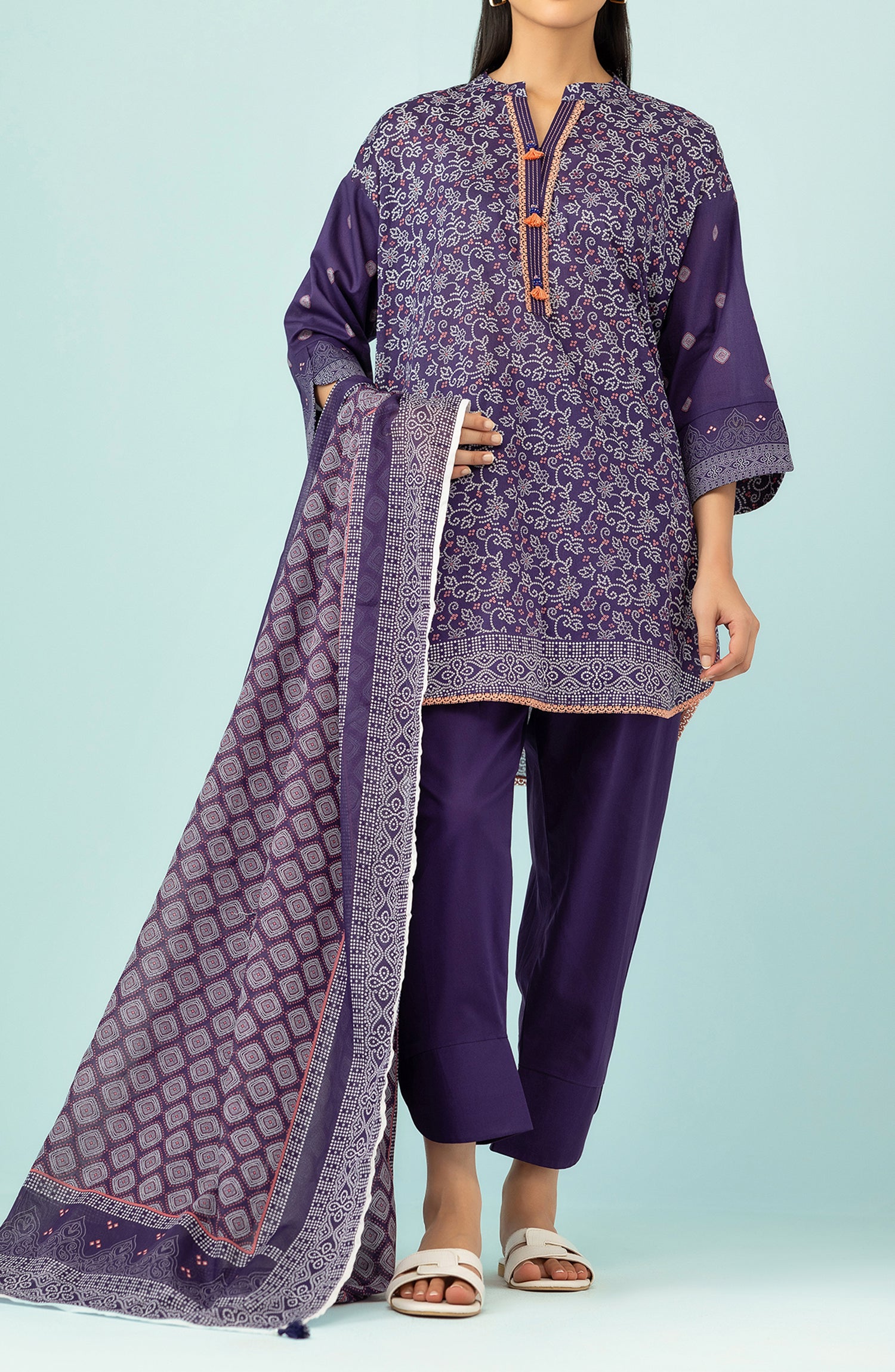 Unstitched 3 Piece Printed Lawn Shirt , Cambric Pant and Lawn Dupatta (OTL-24-408-B/U PURPLE)