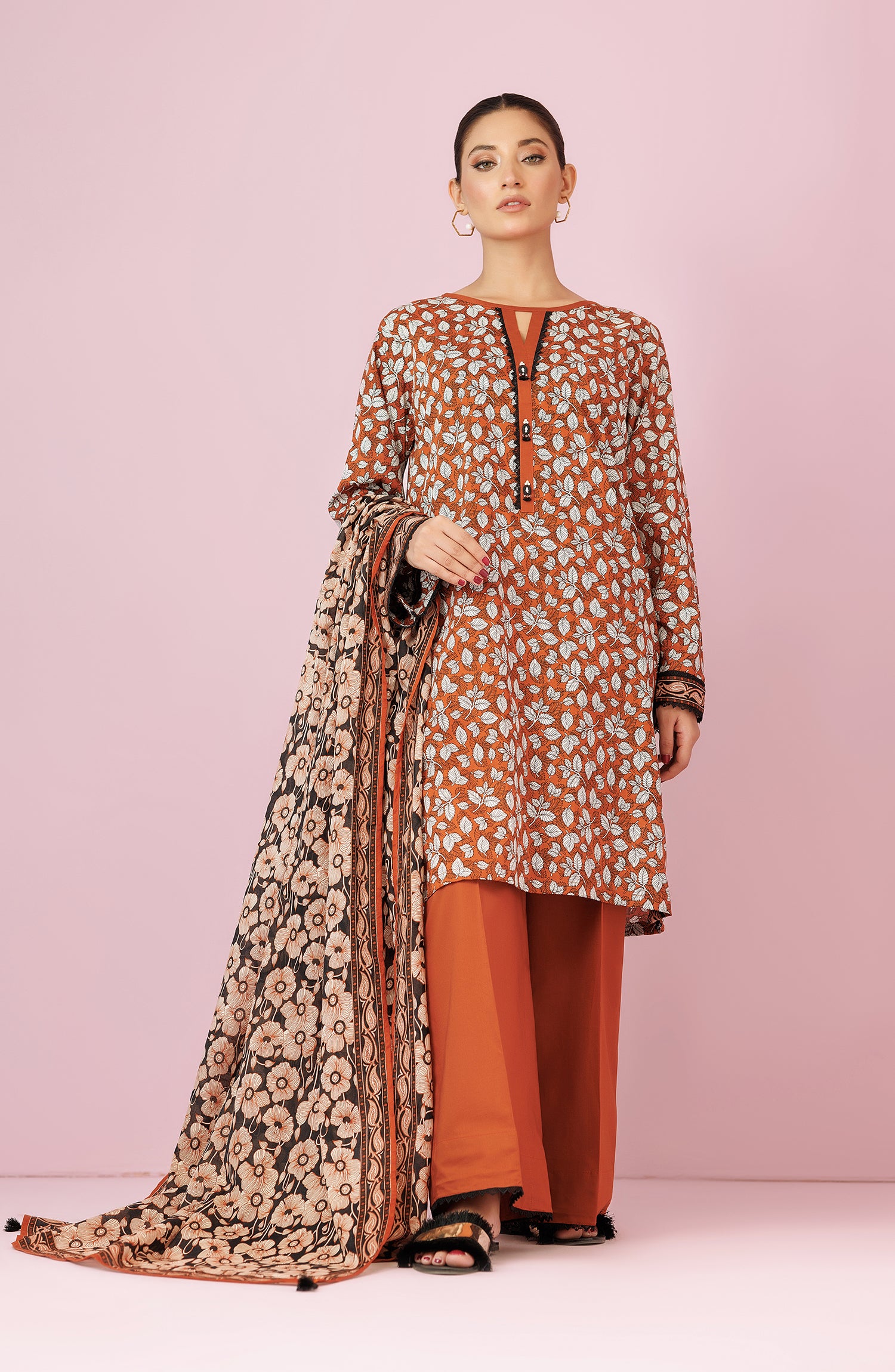 Unstitched 3 Piece Printed Lawn Shirt , Cambric Pant and Lawn Dupatta (OTL-24-370/U BROWN)