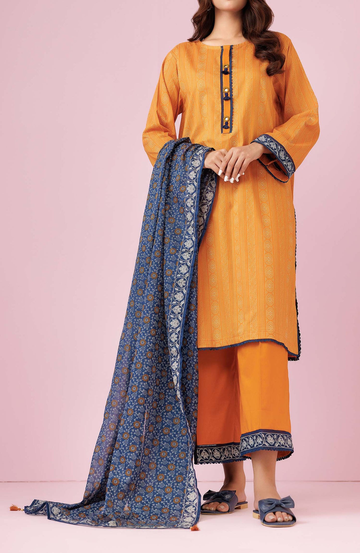 Unstitched 3 Piece Printed Lawn Shirt , Cambric Pant and Lawn Dupatta (OTL-24-207/U OCHRE)