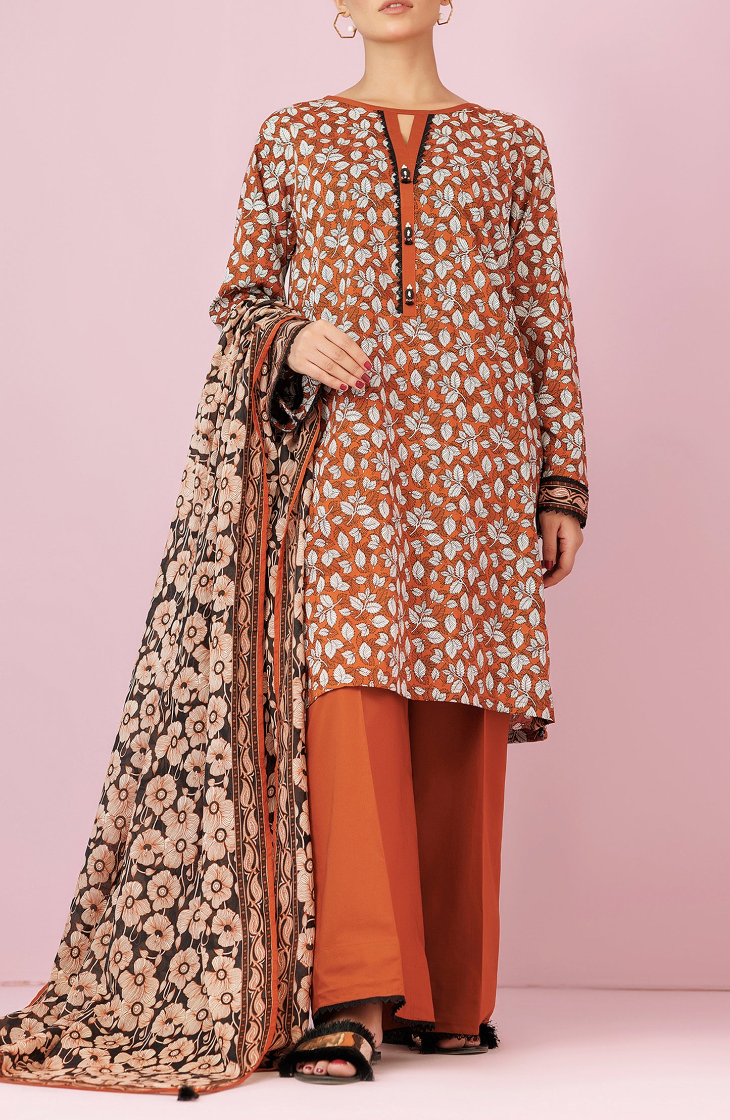 Unstitched 3 Piece Printed Lawn Shirt , Cambric Pant and Lawn Dupatta (OTL-24-370/U BROWN)