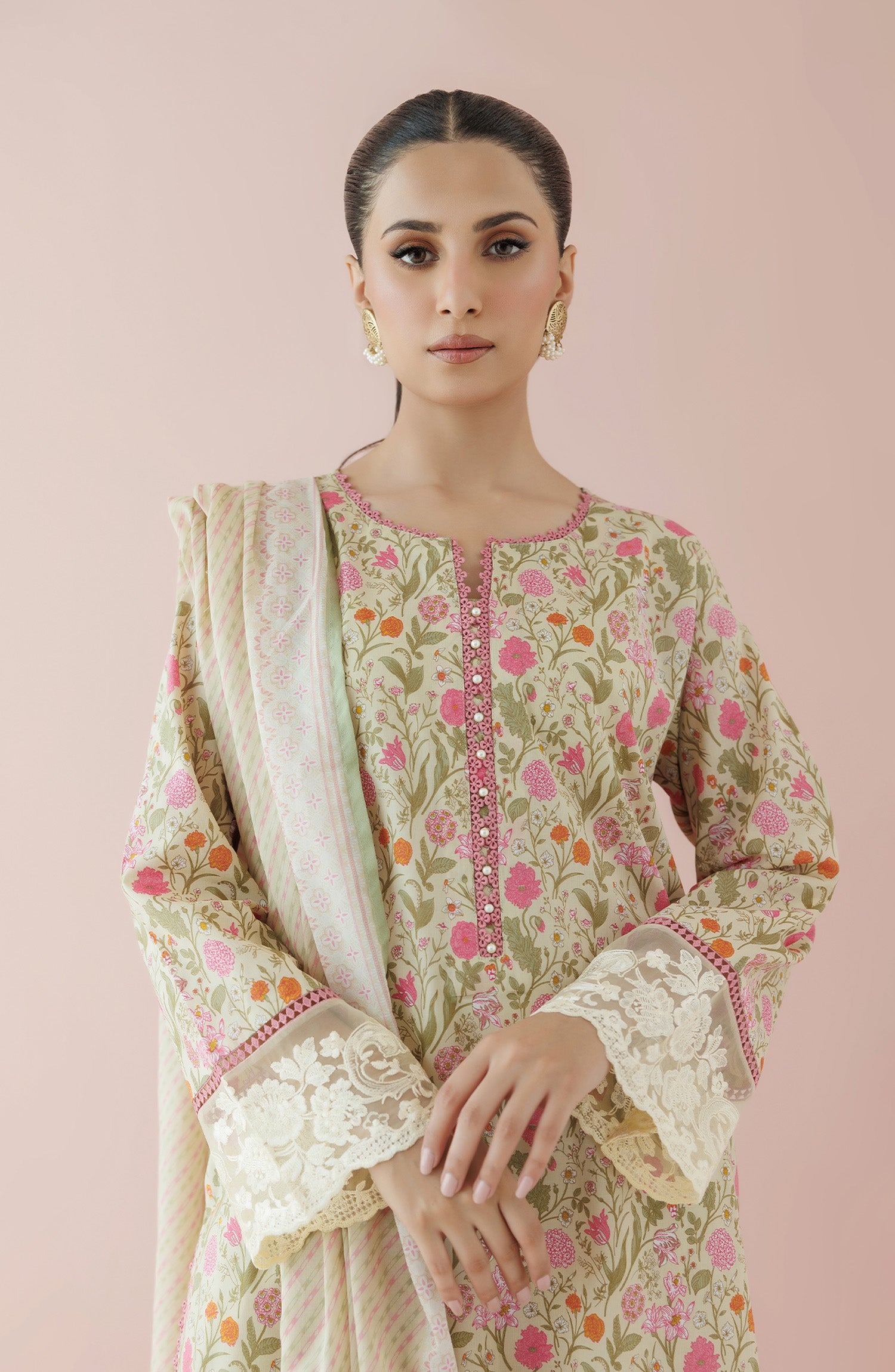 Unstitched 3 Piece Lawn Shirt , Cambric Pant and Lawn Dupatta (OTL-24-175/U BEIGE)