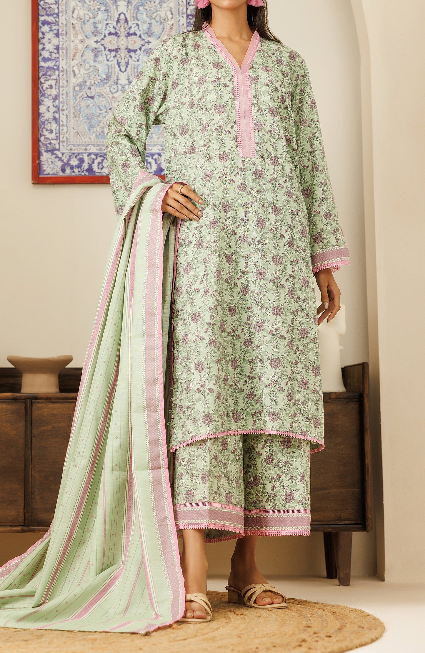 Unstitched 3 Piece Printed Khaddar Shirt , Khaddar Pant and Khaddar Dupatta (OTL-24-381/U MINT GREEN)