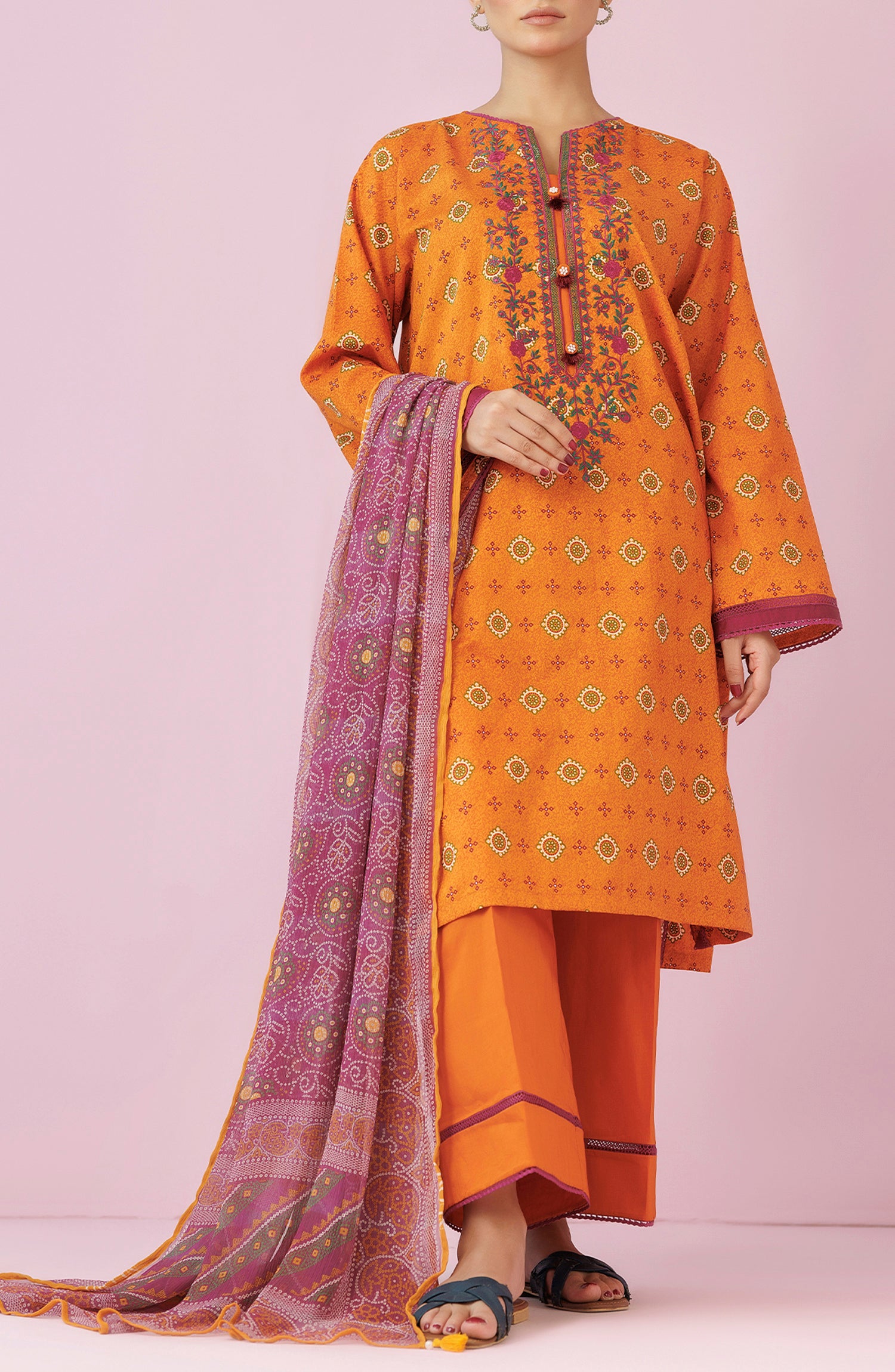 Unstitched 3 Piece Embroidered Lawn Shirt , Cambric Pant and Chiffon Dupatta (OTL-24-458/U OCHRE)