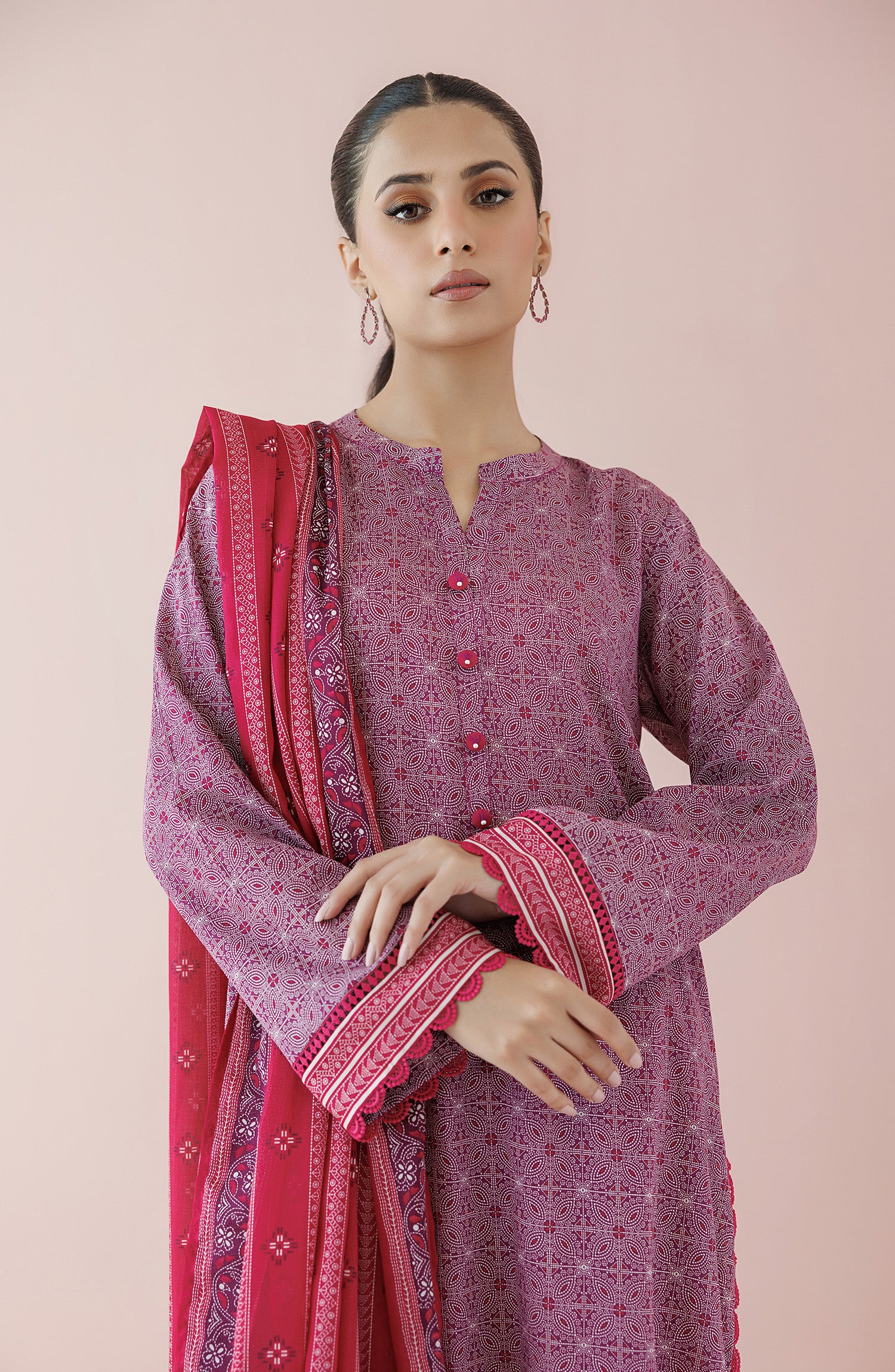 Unstitched 3 Piece Printed Lawn Shirt , Cambric Pant and Lawn Dupatta (OTL-24-171/U PINK)