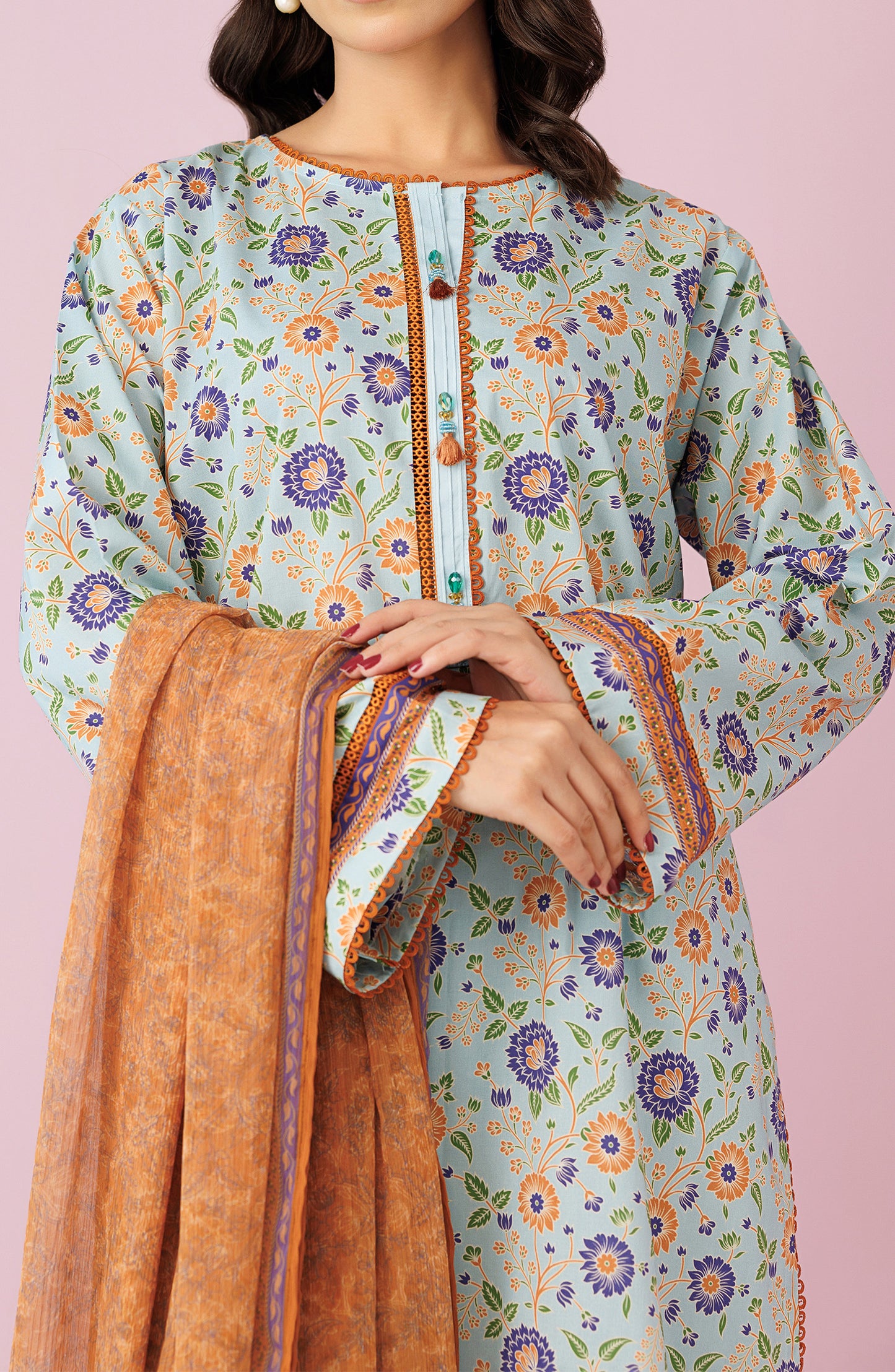 Unstitched 3 Piece Printed Lawn Shirt , Cambric Pant and Kitonic Chiffon Dupatta (OTL-24-297/U SKY BLUE)