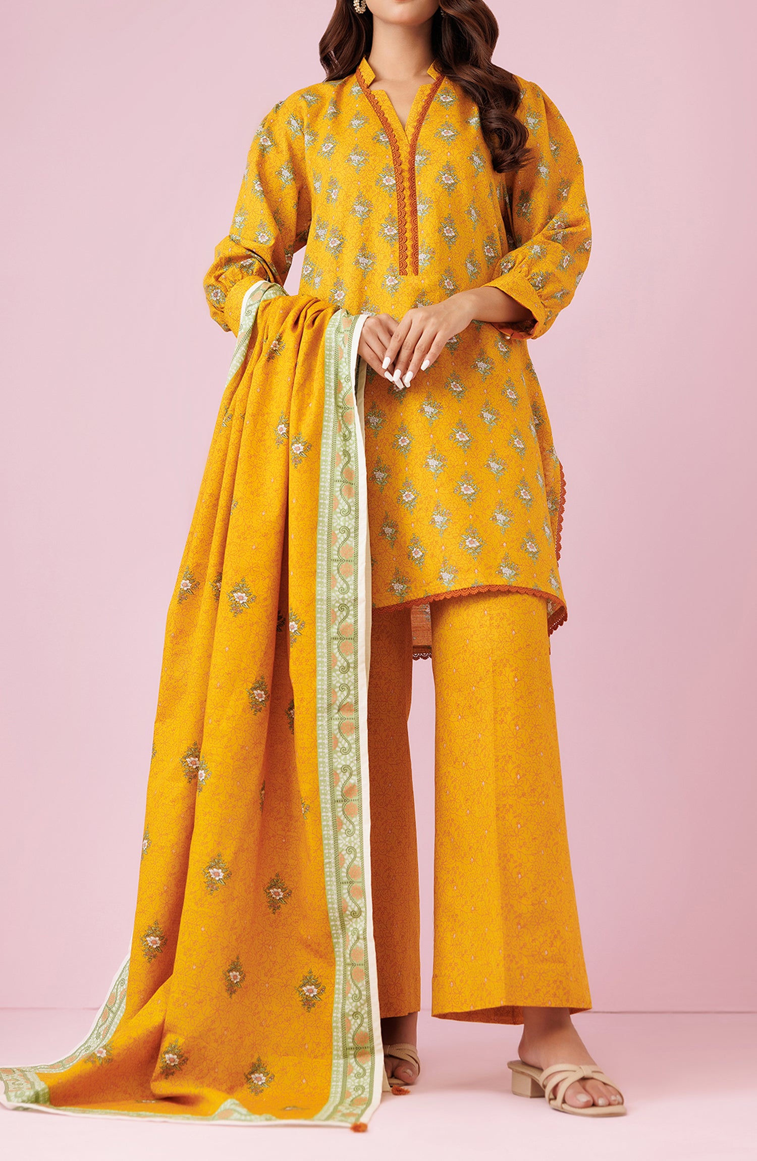 Unstitched 3 Piece Printed Khaddar Shirt , Khaddar Pant and Khaddar Dupatta (OTL-24-476/U OCHRE)