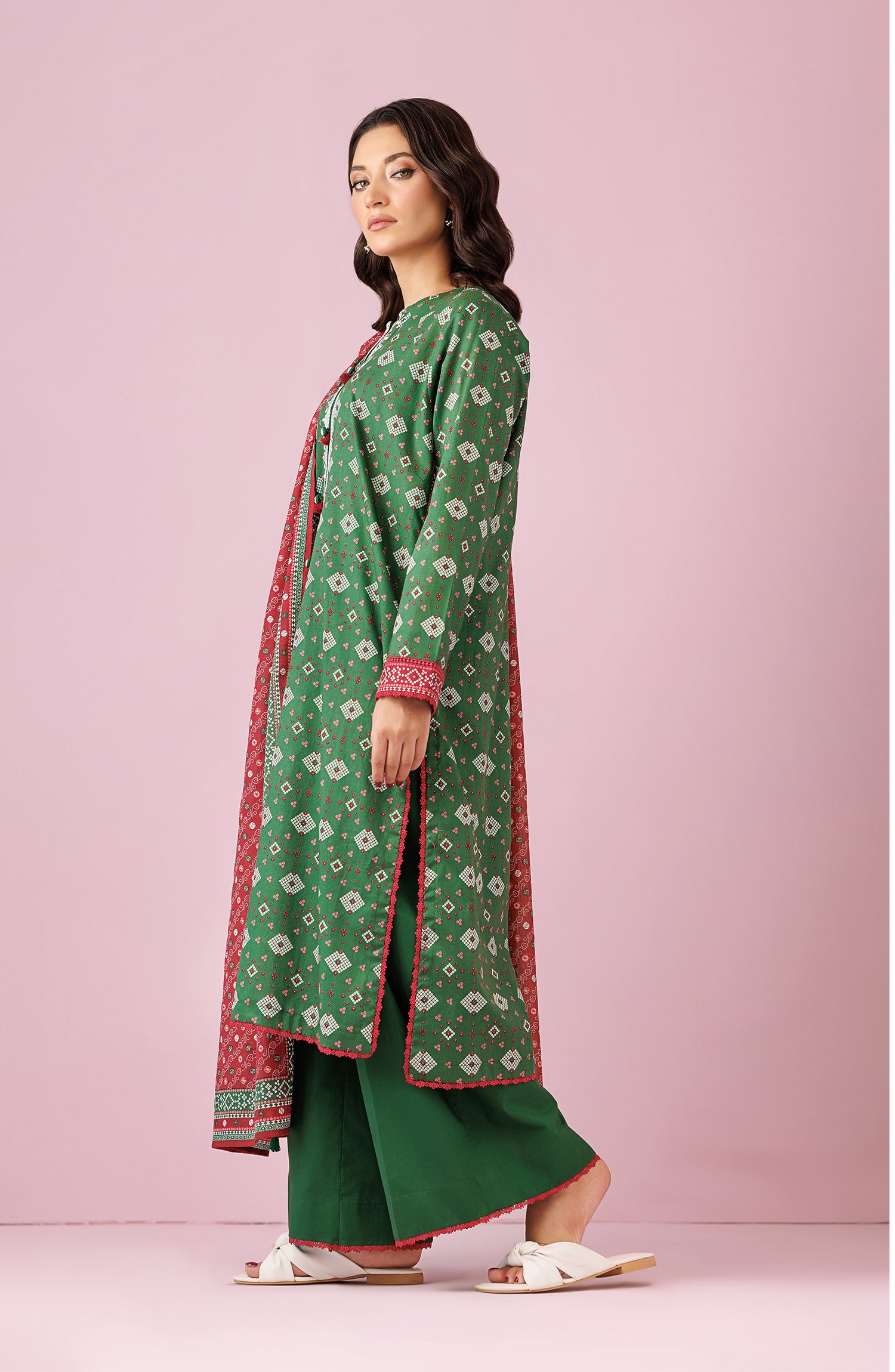 Unstitched 3 Piece Embroidered Lawn Shirt , Cambric Pant and Lawn Dupatta (OTL-24-057/U GREEN)