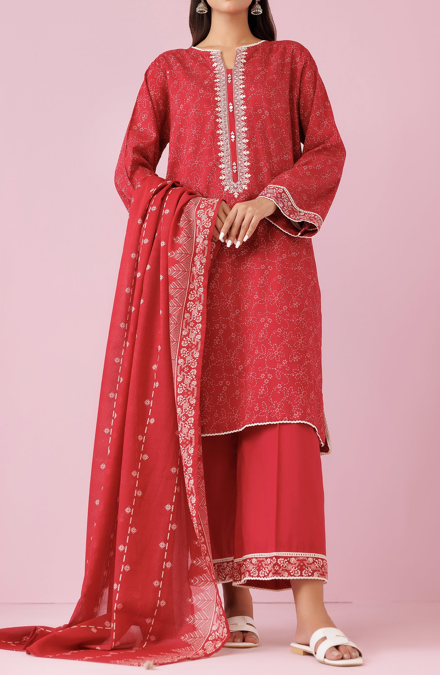 Unstitched 3 Piece Embroidered Lawn Shirt , Cambric Pant and Lawn Dupatta (OTL-24-123/U MAROON)