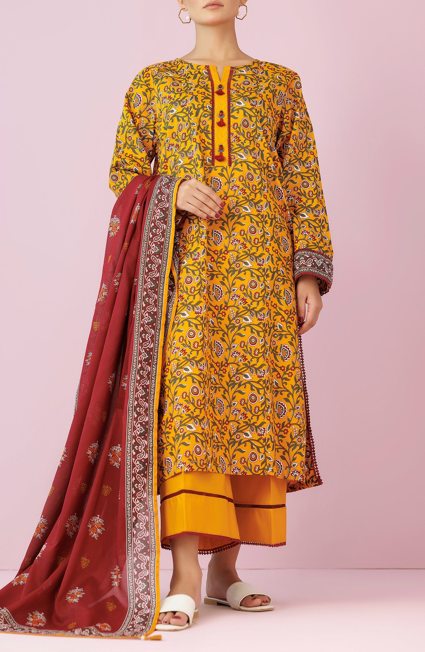 Unstitched 3 Piece Printed Lawn Shirt , Cambric Pant and Lawn Dupatta (OTL-24-186/U YELLOW)